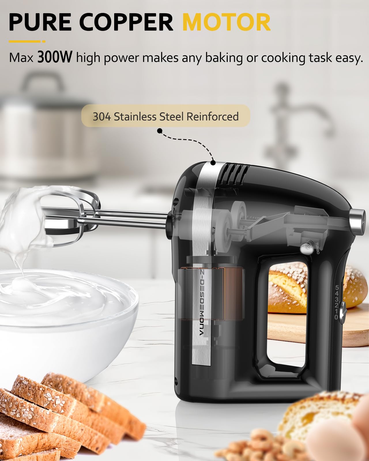 300W Powerful Electric Hand Mixer with 304 Stainless Steel Beaters & Dough Hook - Turbo Handheld Mixer for Baking Cakes, Whipping Eggs, Cream - Perfect for Home Kitchen & Professional Bakers (Black)
