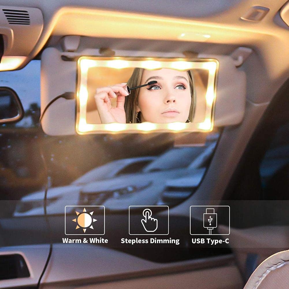 Rechargeable LED Car Visor Makeup Mirror with Touch Switch - Sunlight Clear Fill Light, Built-in Battery, Black - Perfect for On-the-Go Makeup & Car Accessories