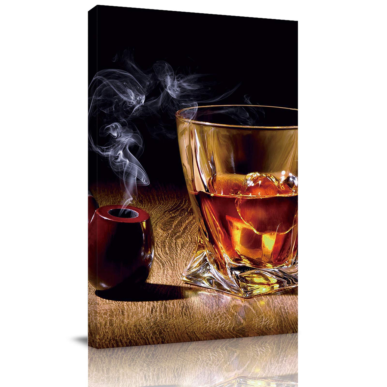 Brown Whisky in Cups with Ice & Smoking Cigar Wall Art - Modern Framed Painting Print 24x36in - Ready to Hang for Living Room, Bedroom & Bathroom Decor - Perfect for Home Bar, Office or Man Cave Gift