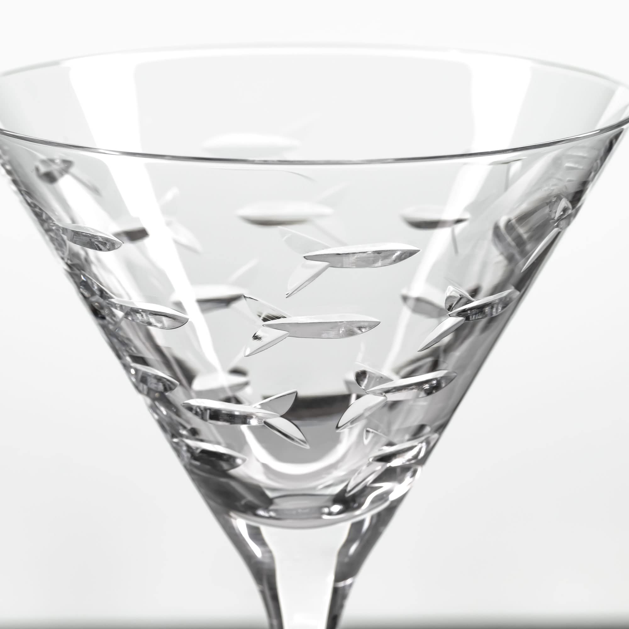 Premium Rolf Glass School of Fish Martini Glasses Set of 4 - 10 oz Lead-Free Crystal Clear Stemware - Handcrafted Diamond-Wheel Engraved Cocktail Glasses - Made in USA - Perfect for Home Bars, Dinner Parties & Gift Giving