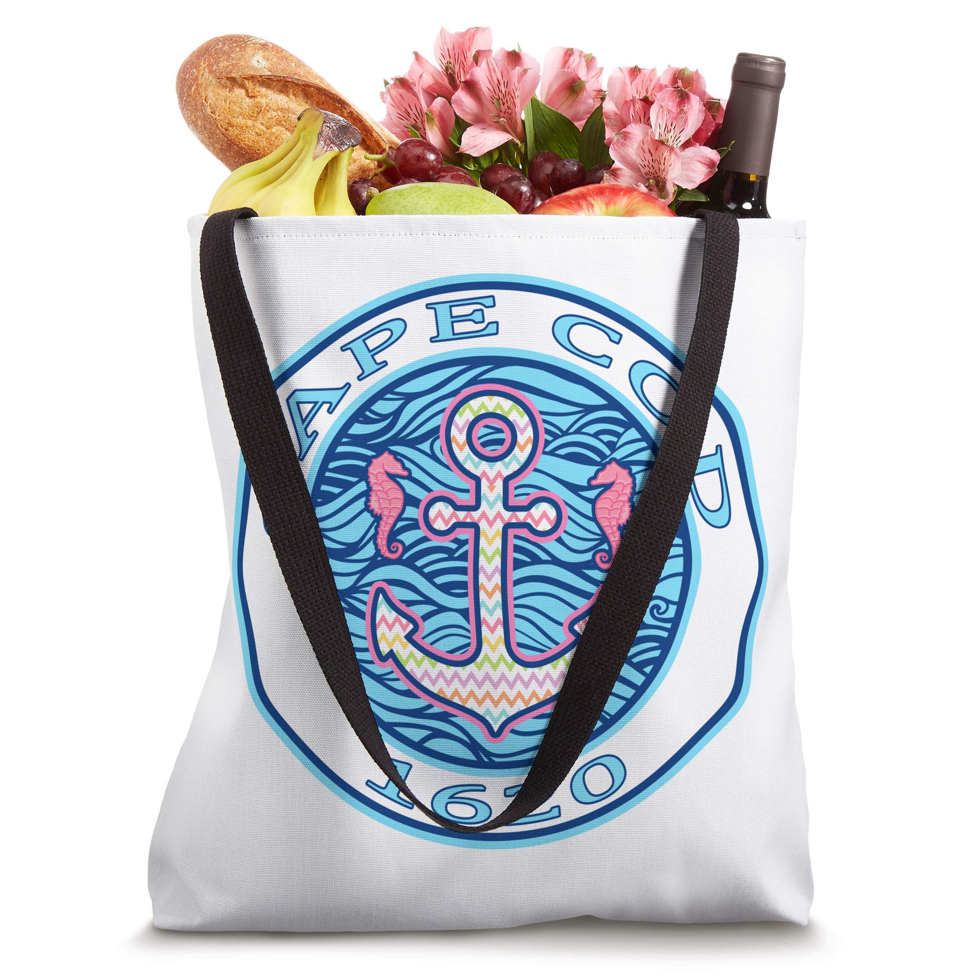 Preppy Anchor & Seahorse Tote Bag - Pink & Blue Nautical Design for Women | Beach, Shopping & Everyday Use
