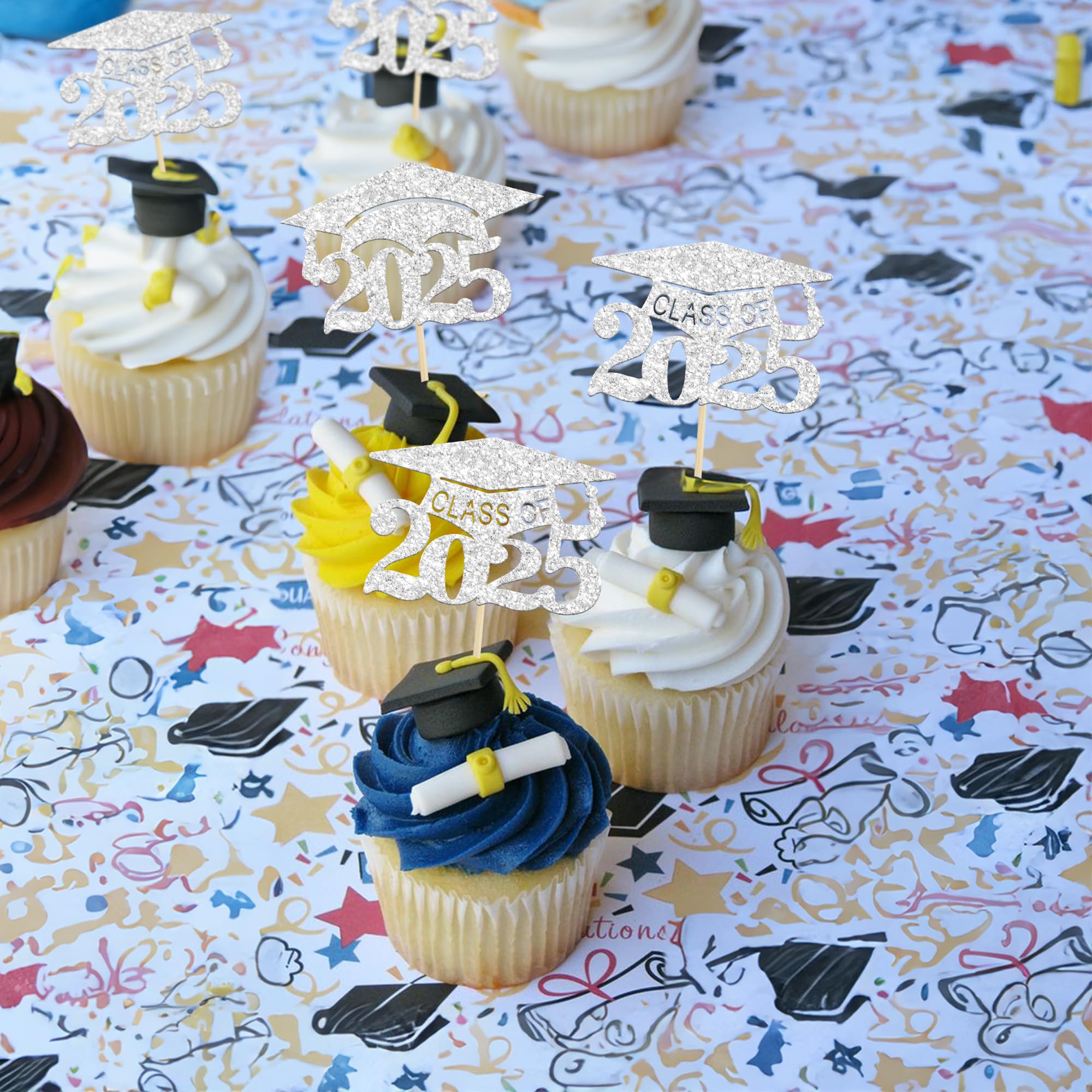 **24 Pack 2025 Graduation Cap Cupcake Toppers - Silver Glitter Class of 2025 Cake Decorations for Graduation Party, Birthday & Celebration**    *(Perfect for Graduation Cakes, Cupcakes, Desserts & Party Decorations)*