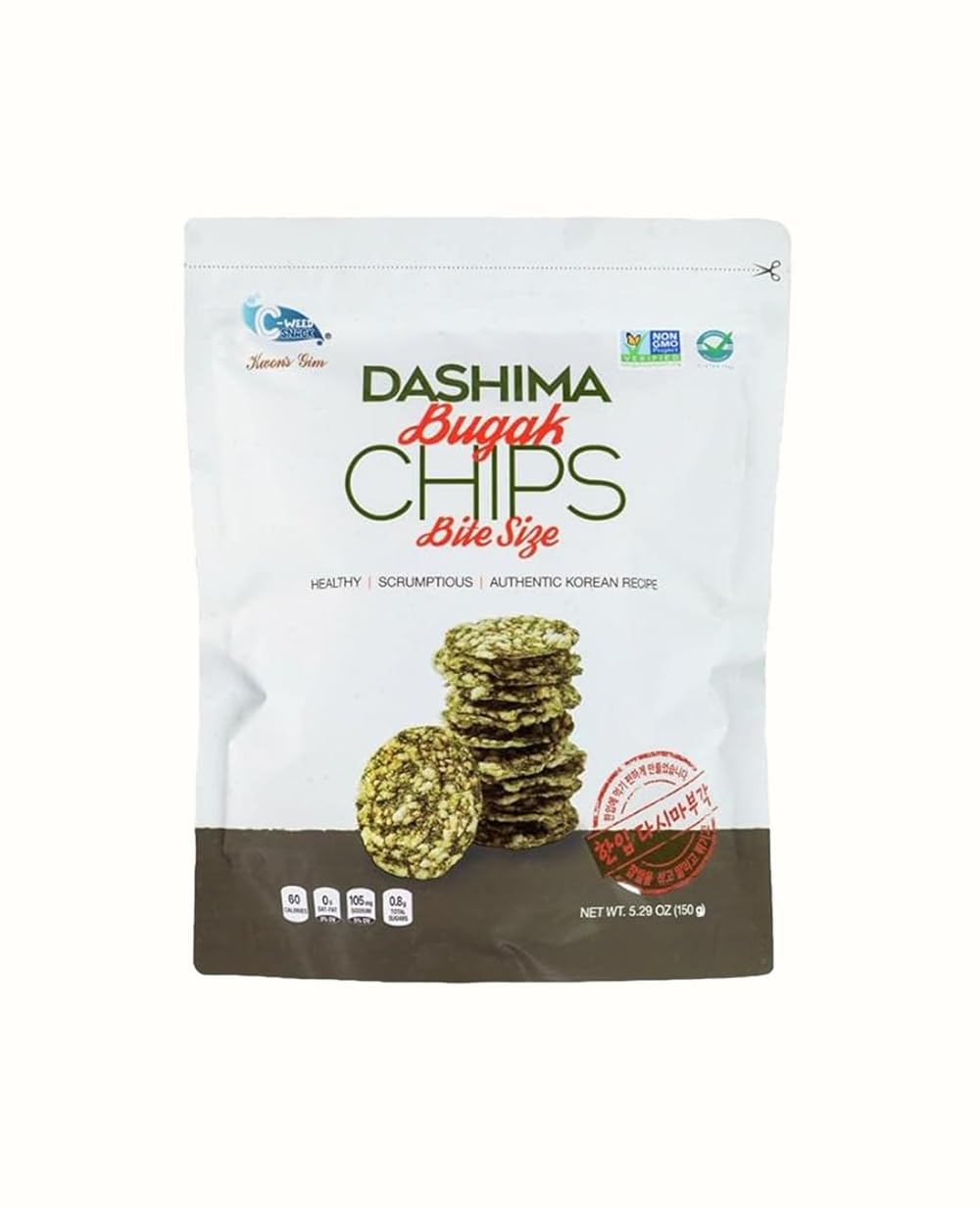 C-Weed Snack Dashima Bugak Bite Size Seaweed Chips 5.29oz | Low Calorie Korean Seaweed Snacks | Vegan & Gluten-Free | Healthy Crispy Seaweed Chips for Adults & Kids | Perfect for Office Snacks, School Lunches & Movie Nights
