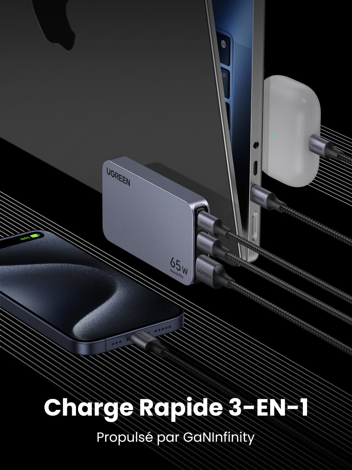 UGREEN Nexode Pro 65W USB C Travel Charger - 3 Port Fast Charging Adapter with EU/UK/US Plugs - Compatible with iPhone 16 Pro Max, MacBook, Galaxy S24 Ultra - Perfect for Travel, Office & Home Use