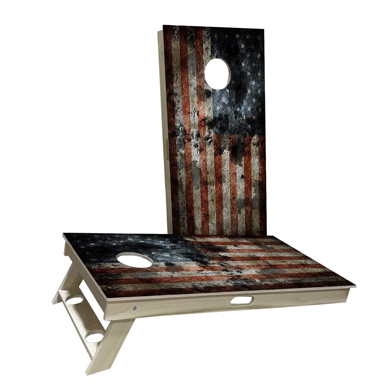 Skip's Garage American Flag Rustic Worn Cornhole Board Set - 2 Boards & 8 Bags Included - Customize Size & Accessories - Perfect for Backyard BBQs, Tailgating & Outdoor Parties