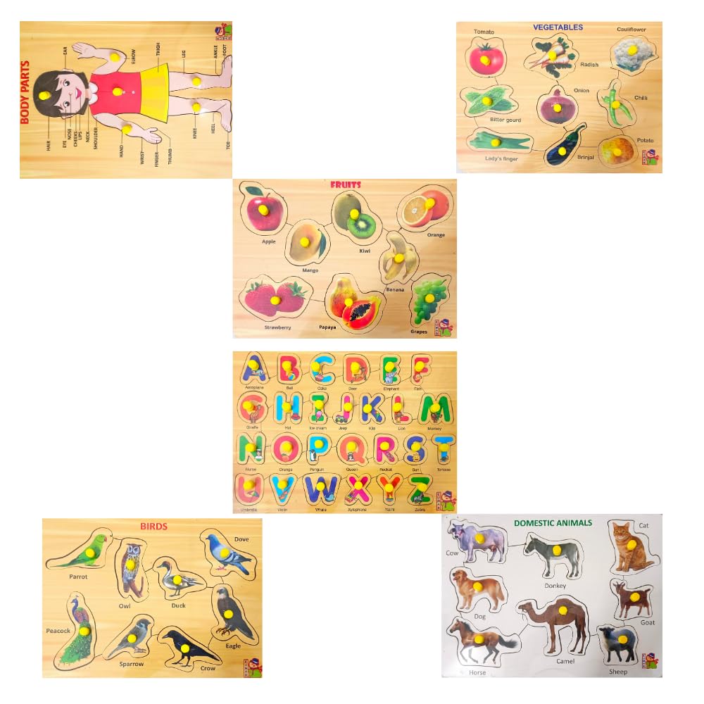 **Educational Wooden Learning Boards & Puzzles for Kids 3+ & Adults - Alphabet, Animals, Fruits, Vegetables, Body Parts - Montessori Toys for Early Childhood Development - Perfect for Homeschooling & Family Game Night**