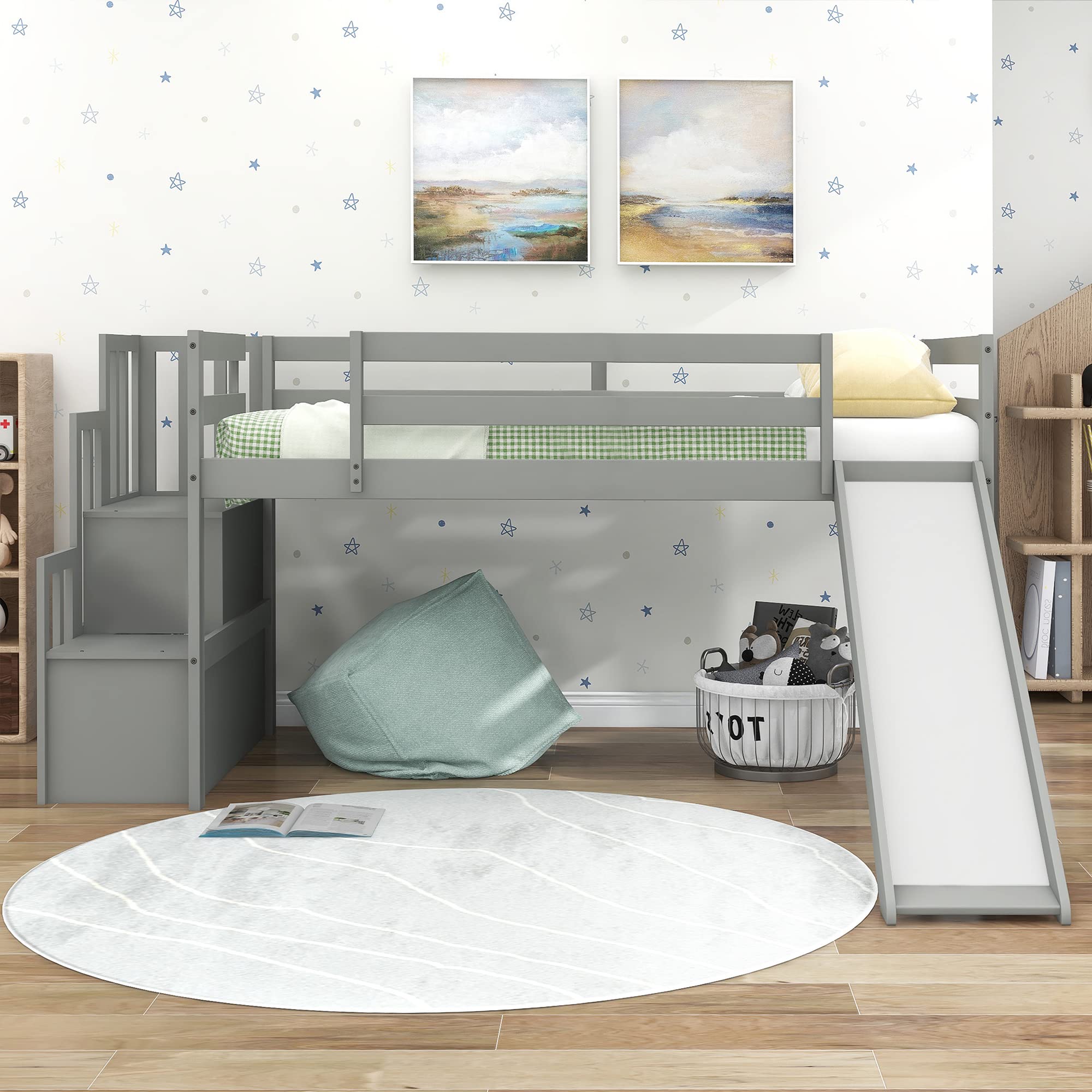 Harper & Bright Designs Twin Loft Bed with Slide and Stairs - Solid Wood Kids Loft Bed with Storage Shelf, Low Height for Toddlers & Children (Twin Size, Grey) | Space-Saving Bunk Bed for Small Bedrooms, Playrooms & Kids' Rooms