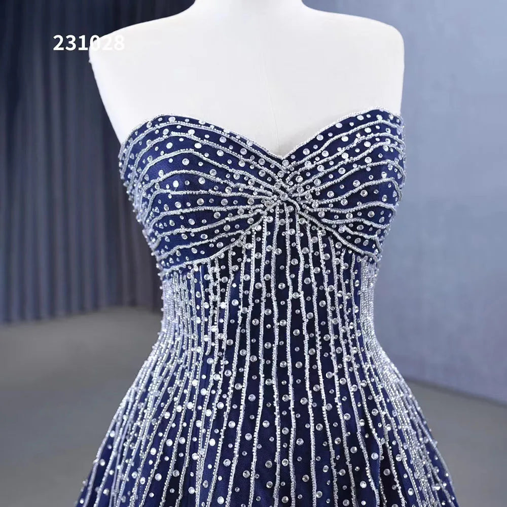 Luxury Navy Blue Strapless Crystal Beaded Wedding Dress with Pearls & Lace Up - Custom Made Bridal Gown HM23102 | Perfect for Beach Weddings, Evening Galas & Formal Occasions