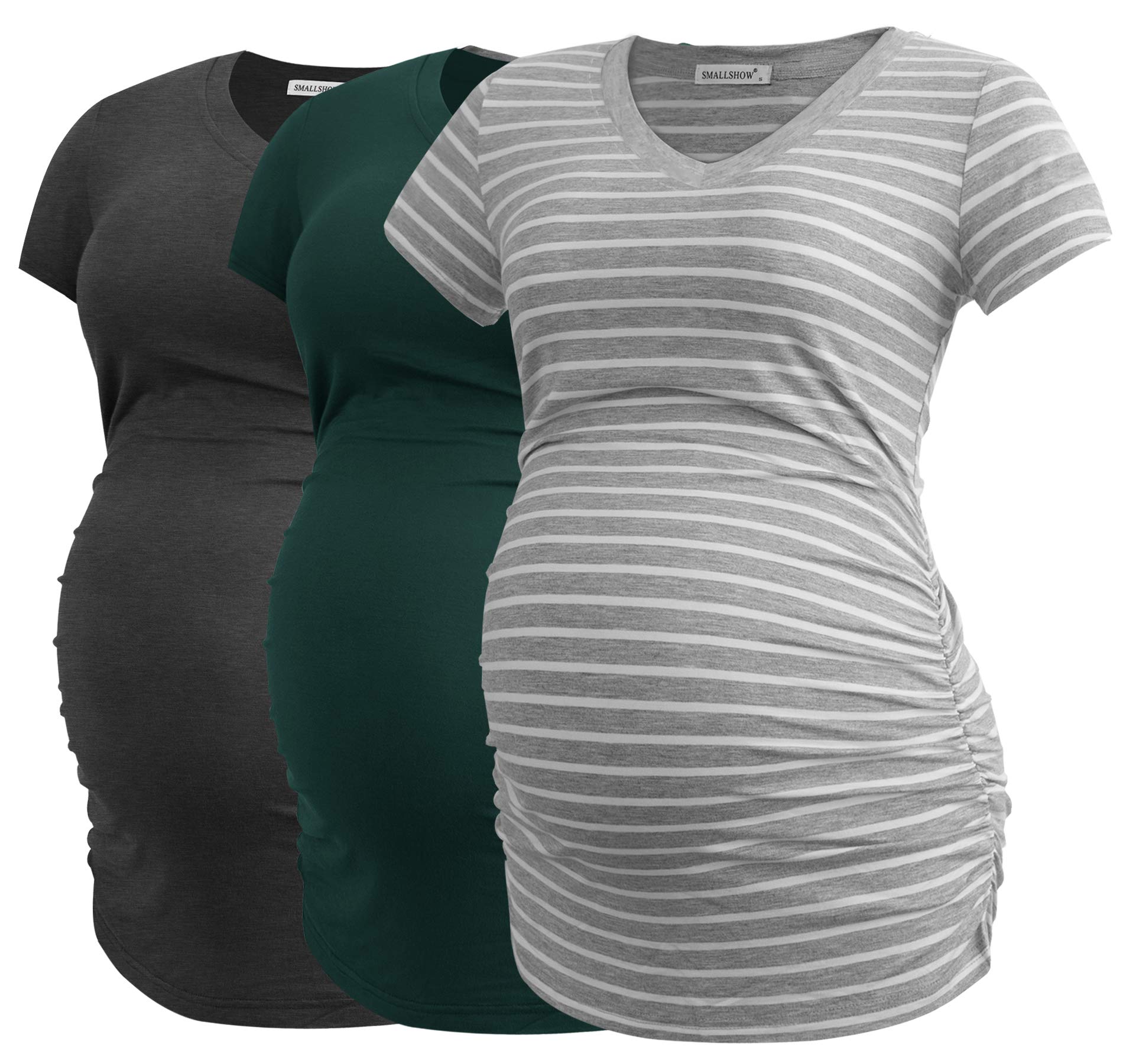 Smallshow Women's V-Neck Maternity Shirt - Side Ruched Tunic Pregnancy Top (3-Pack) | Comfortable Short Sleeve Nursing Clothes for Everyday Wear & Maternity Photos