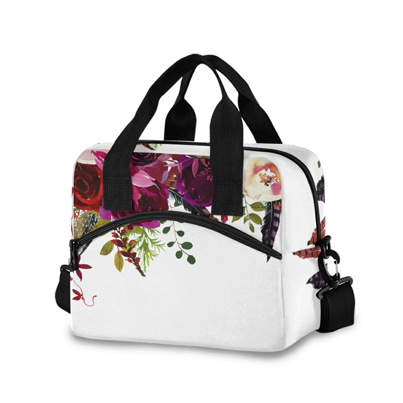 **Burgundy Red White Floral Feather Insulated Leakproof Lunch Bag - Reusable Cooler Lunchbox with Adjustable Shoulder Strap for Work, School, Picnic & Travel**
