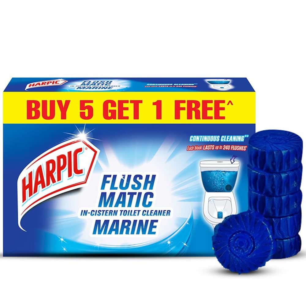 Harpic Flushmatic In-Cistern Toilet Cleaner Blocks, Marine Scent - 50g (6-Pack) | Long-Lasting Toilet Cleaner Balls for Fresh & Hygienic Bathroom | Perfect for Home, Office & RV Use