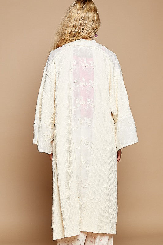 Boho Floral Lace Trim Open Front Longline Cardigan - Beach Cover Up, Summer Wedding Shawl, Romantic Layering Piece for Women