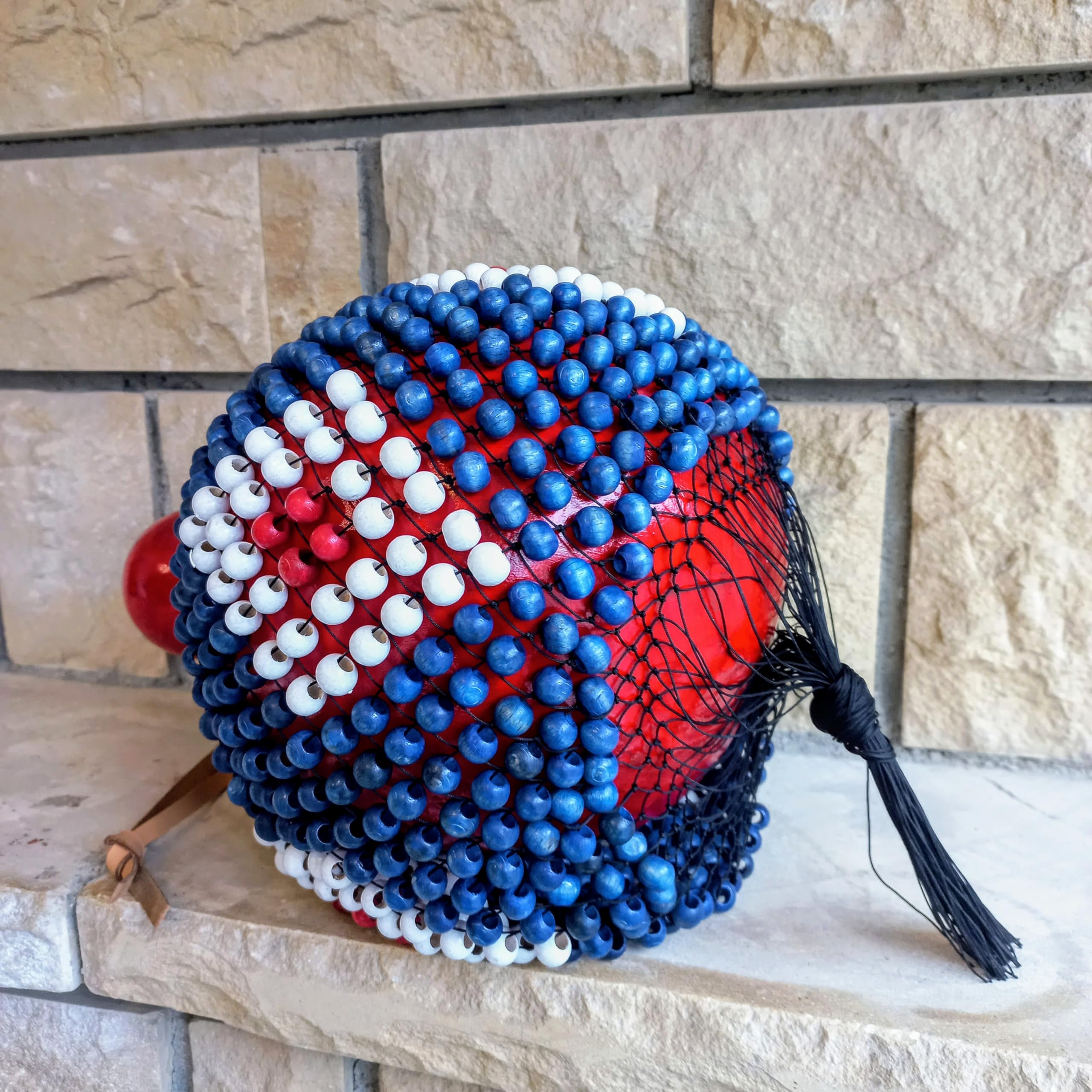 Red White Blue Beaded Shekere - Handcrafted Latin Percussion Instrument for Musicians | Perfect Gift for Birthdays, Music Lovers & Performers | Great for Live Shows, Studio Recording & Cultural Events