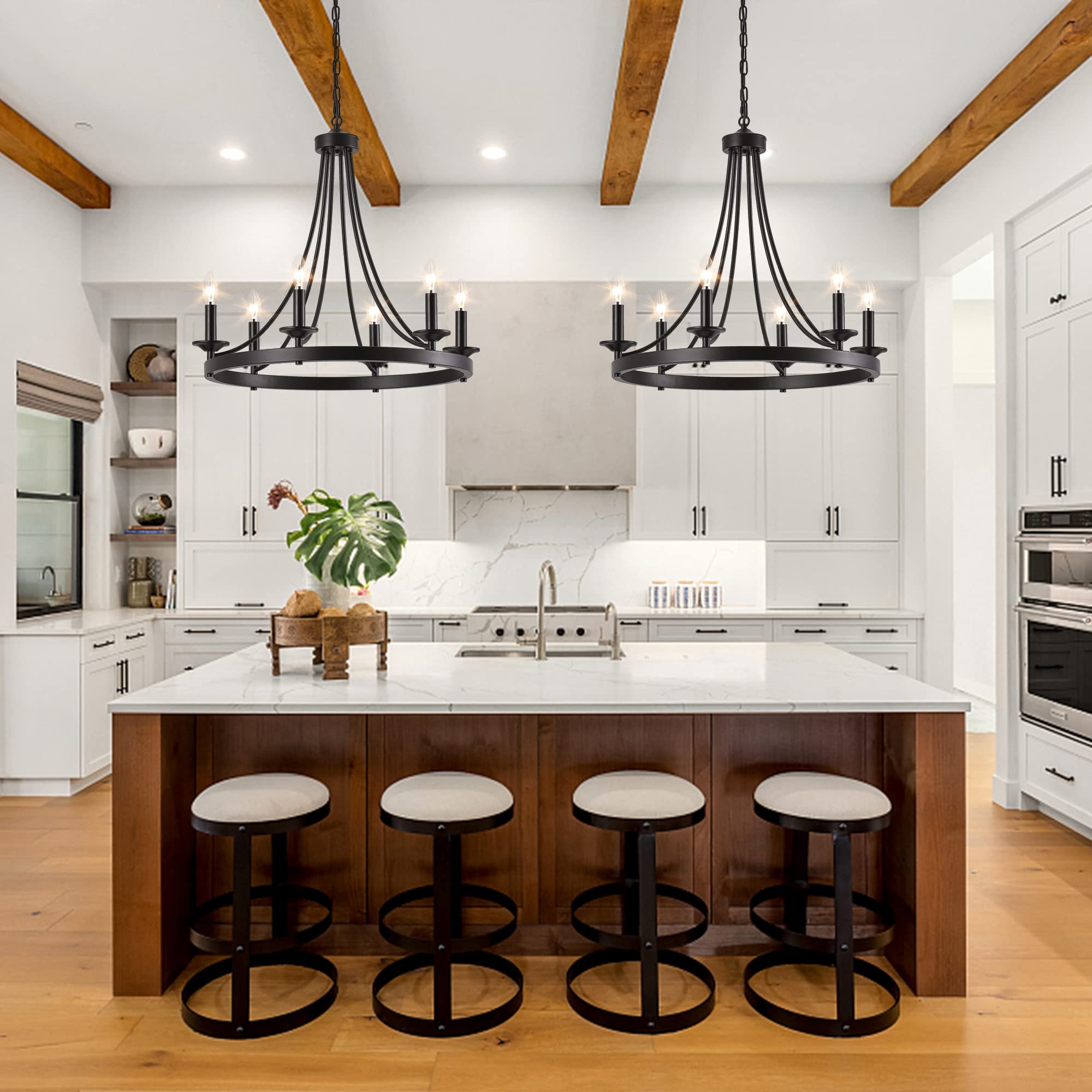 24 Inch Black Farmhouse Chandelier - 6-Light Wagon Wheel Ceiling Pendant Light for Dining Room, Kitchen Island & Living Room | Rustic Home Decor Lighting for Country Style Interiors