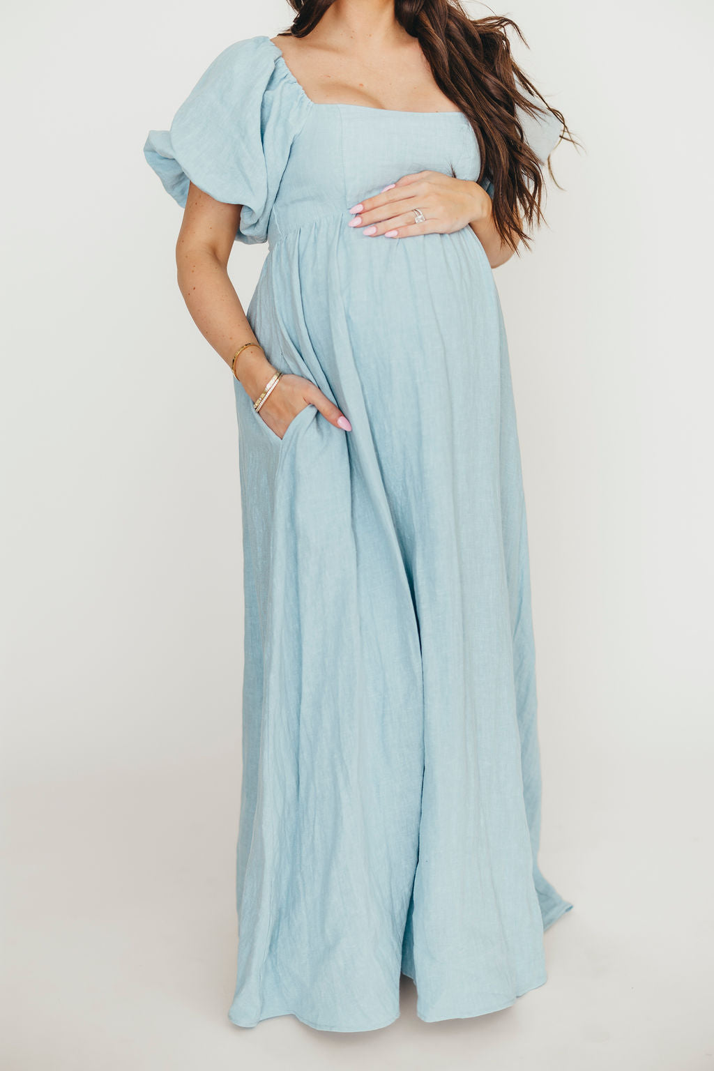 Candace Maxi Dress in Light Blue | 100% Linen Maternity Dress | Bump Friendly & Comfortable | Perfect for Summer, Beach, and Casual Outings