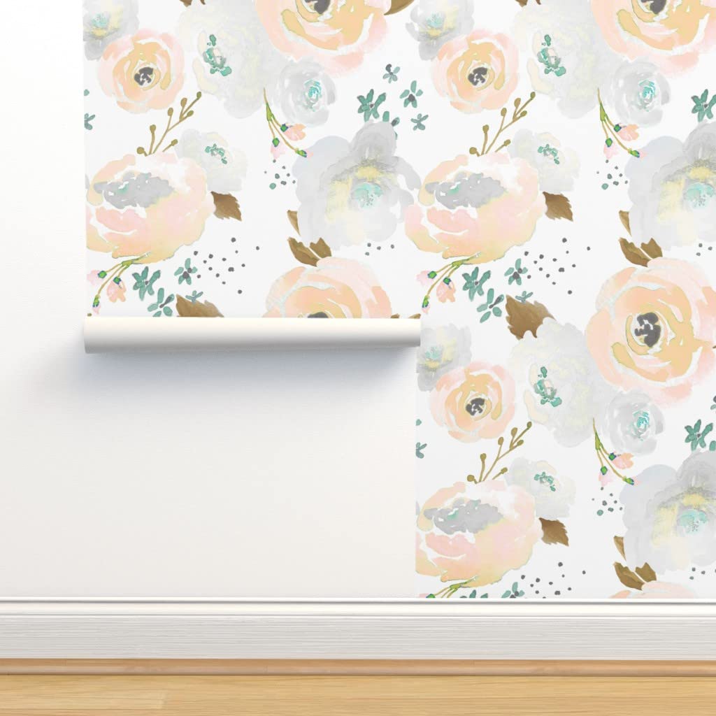 Peel & Stick Wallpaper 9ft x 2ft - Gray Floral Blossom with Peach & Blush Pink Flowers | Removable Nursery Wallpaper for Girls Room, Bedroom, Living Room | Shabby Chic Design by Spoonflower