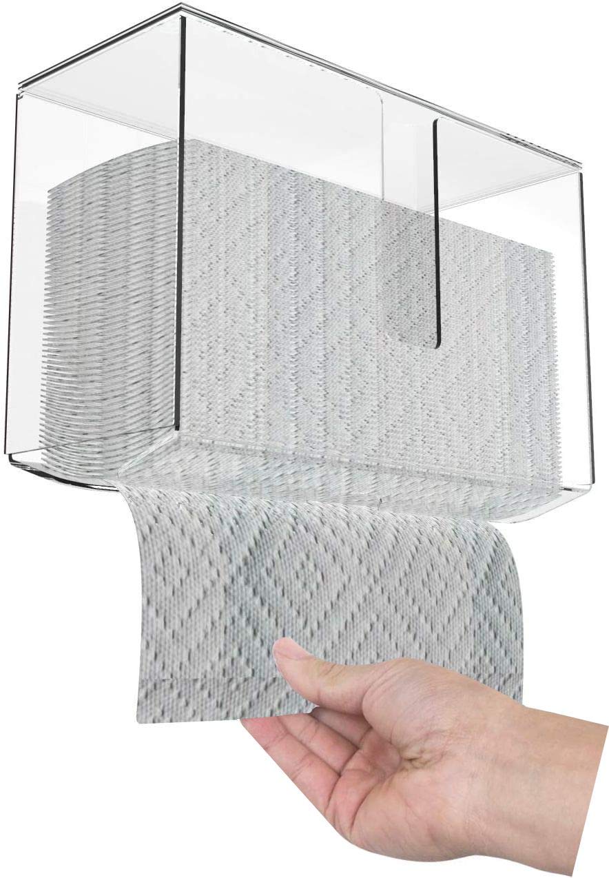 Clear Acrylic Wall Mount Paper Towel Dispenser with Lid - Folded Paper Towel Holder for Bathroom, Toilet & Kitchen - Compatible with Z-Fold, C-Fold & Multi-Fold Paper Towels (Pack of 1) - Perfect for Home, Office & Restaurant Use