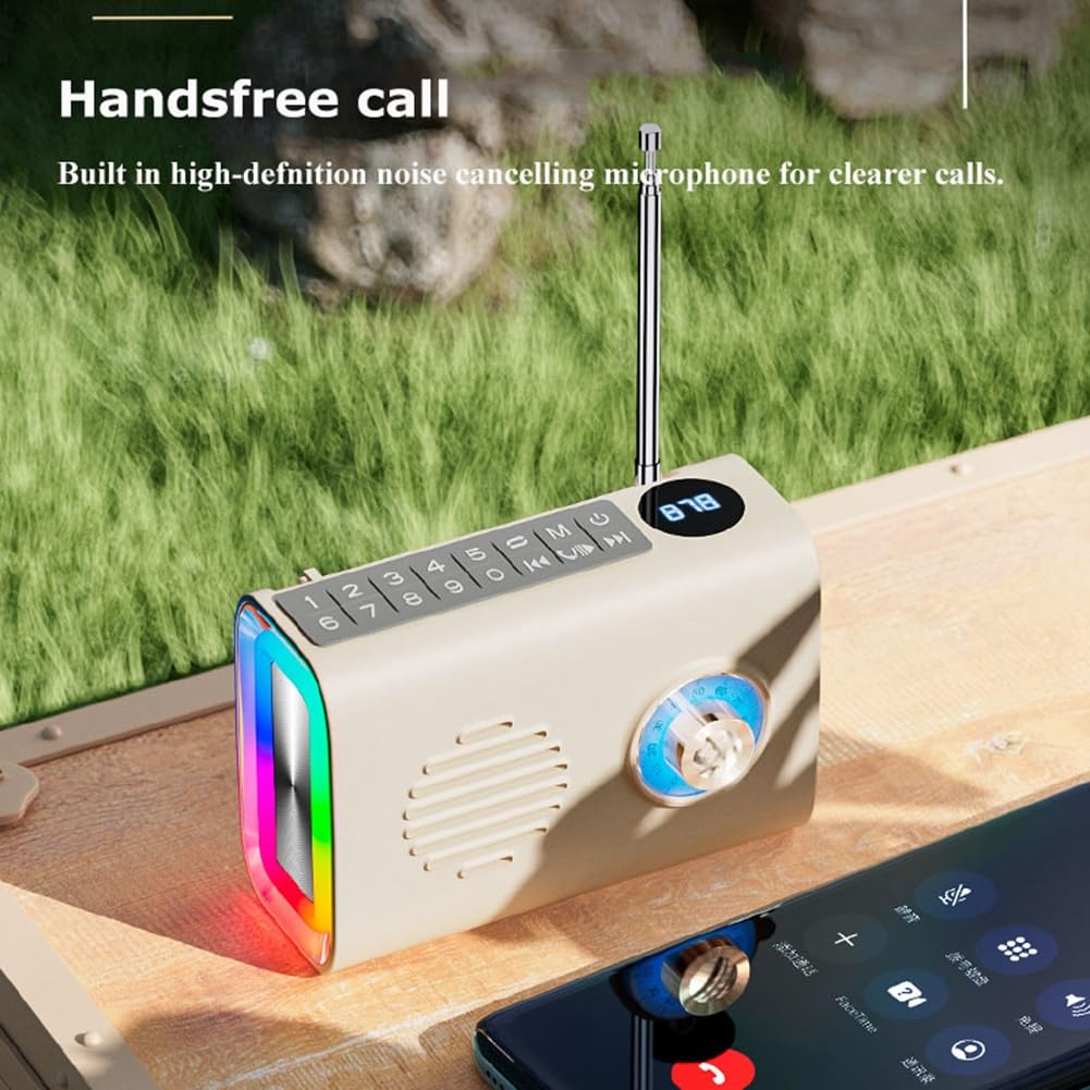TYREE Mini Portable FM Radio with Bluetooth Speaker - Solar Powered, Handsfree Call, Colorful LED Lights - Perfect for Outdoor Camping, Hiking, and Emergency Use
