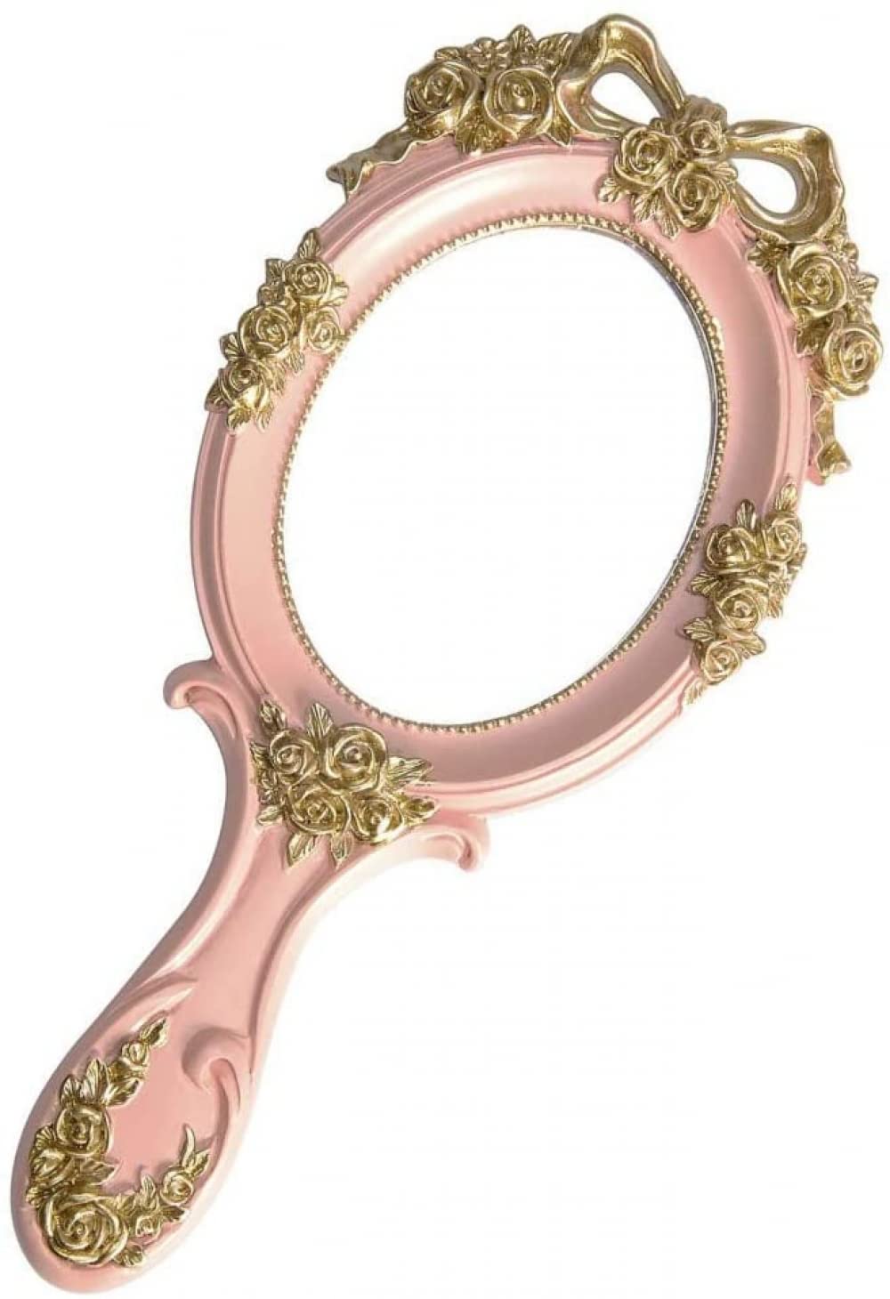 Vintage Rose Pattern Metal Hand Mirror - Elegant Oval Vanity Makeup Mirror with Handle for Women, Portable Travel Cosmetic Mirror, Perfect for Home Decor, Bridal Dressing & Purse Accessory (Pink)
