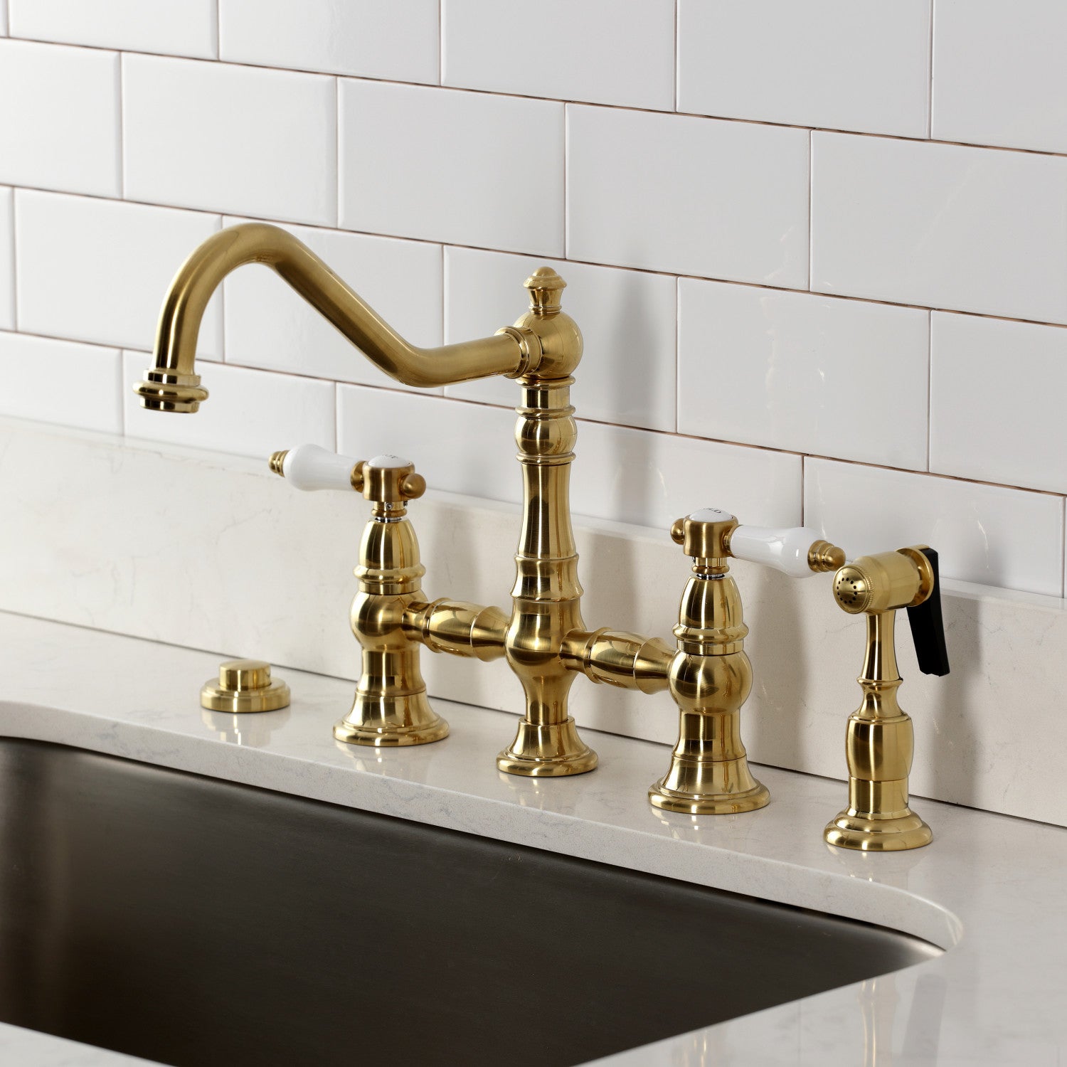 Bel Air KS3277BPLBS Brushed Brass 2-Handle 4-Hole Deck Mount Bridge Kitchen Faucet with Side Sprayer - Perfect for Farmhouse & Vintage Style Kitchens