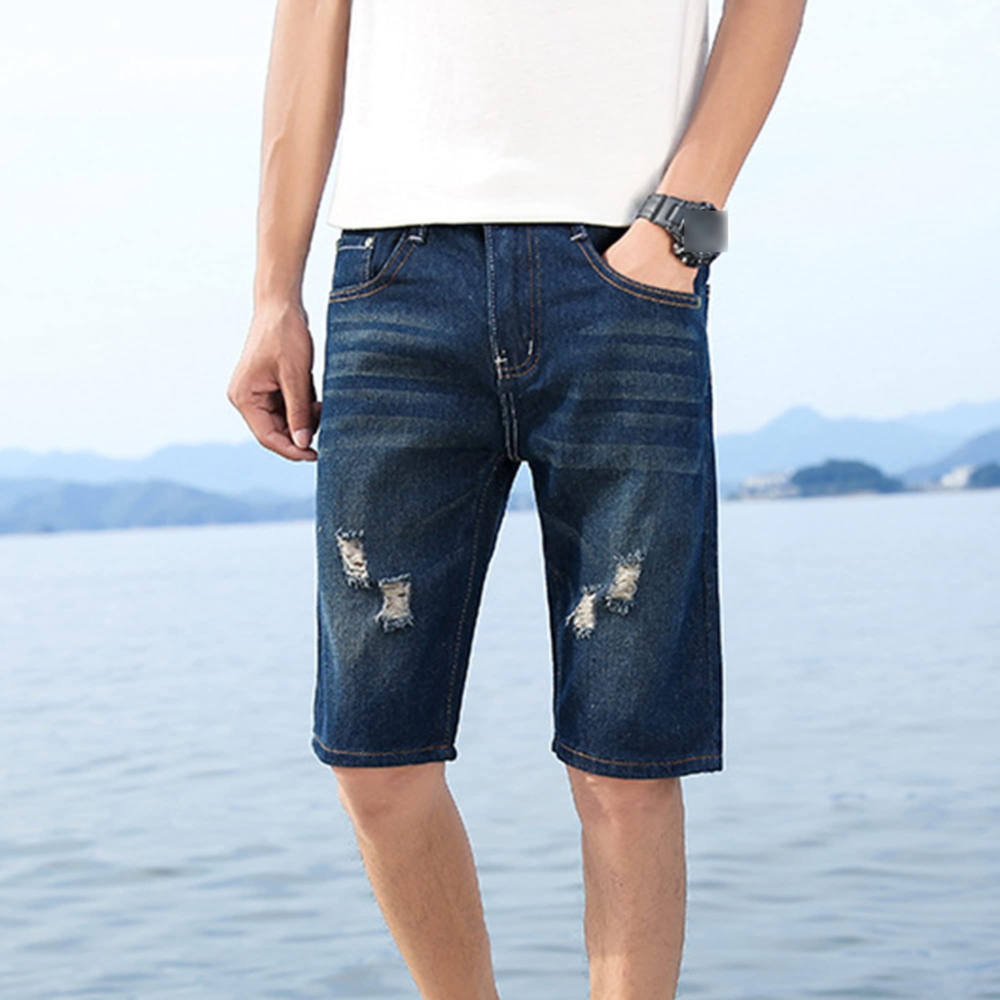 Men's Stretch Slim Fit Distressed Denim Shorts with Zipper & Hole Details - Casual Summer Short Pants for Beach, Streetwear & Outdoor Activities