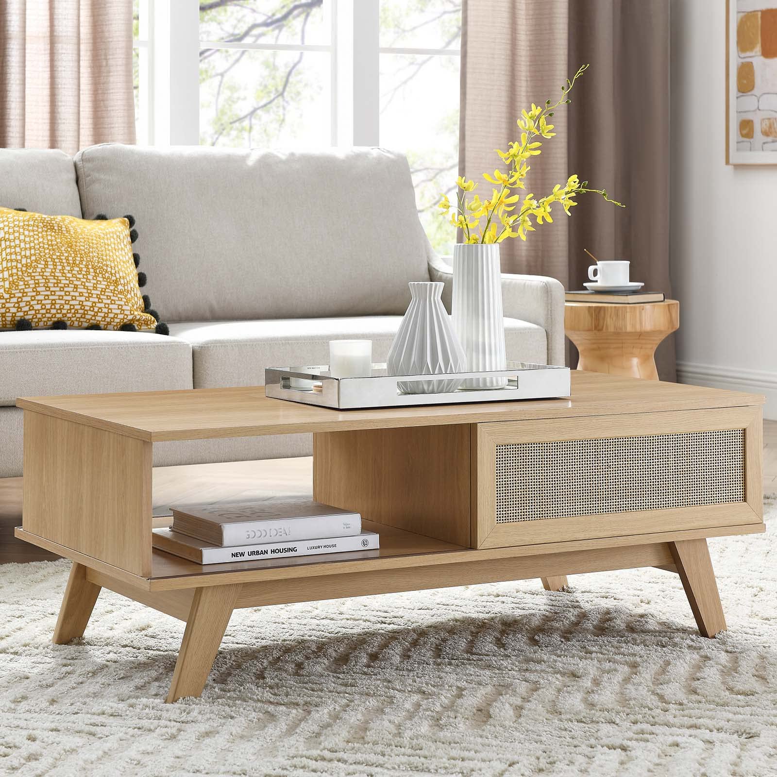 Modway Soma Modern Rattan Coffee Table - 43 Inch Oak Wood Round Accent Table for Living Room, Patio & Outdoor Decor