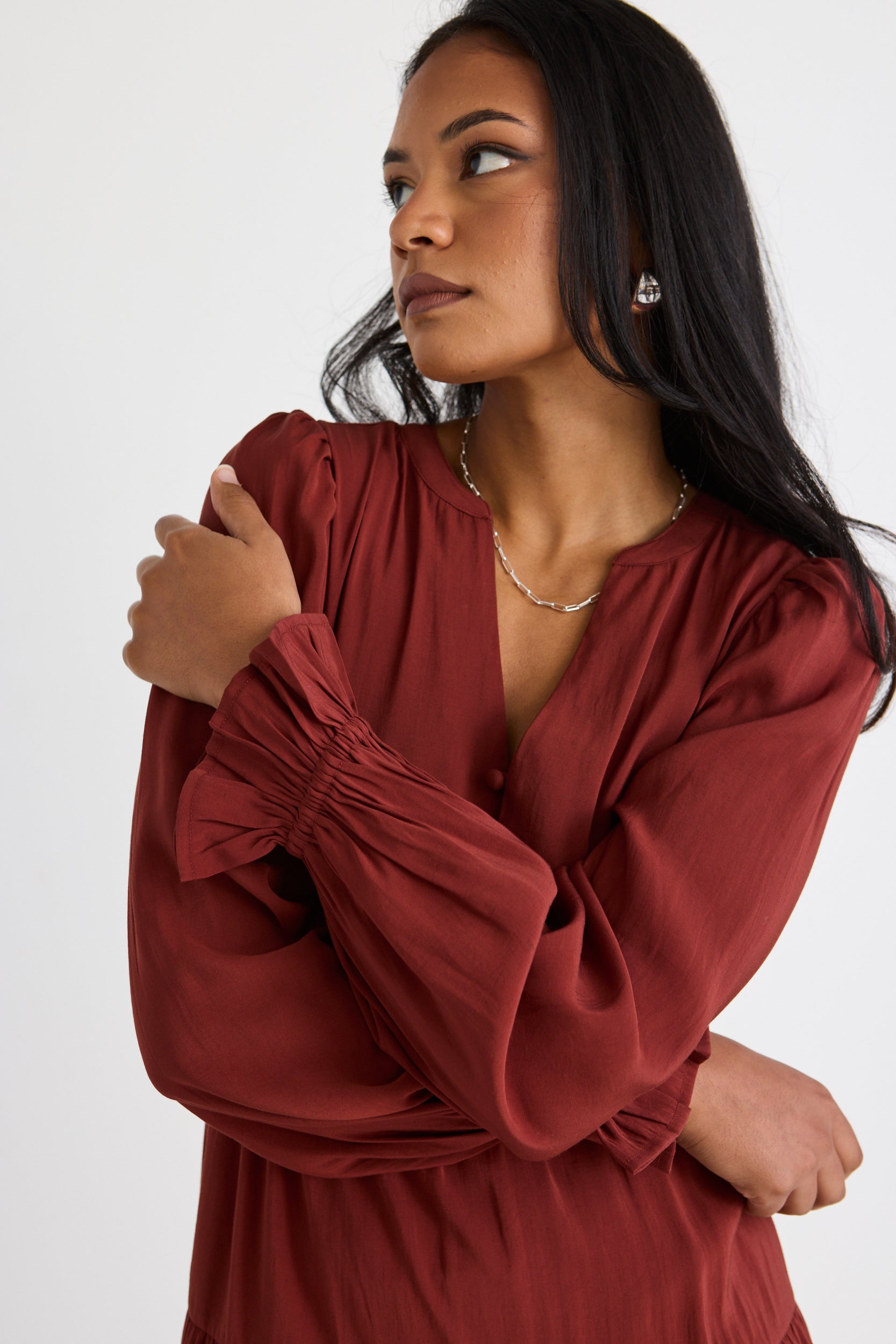 Elegant Copper Long Sleeve Button Front Tiered Maxi Dress for Women - Perfect for Fall Weddings, Holiday Parties & Special Occasions