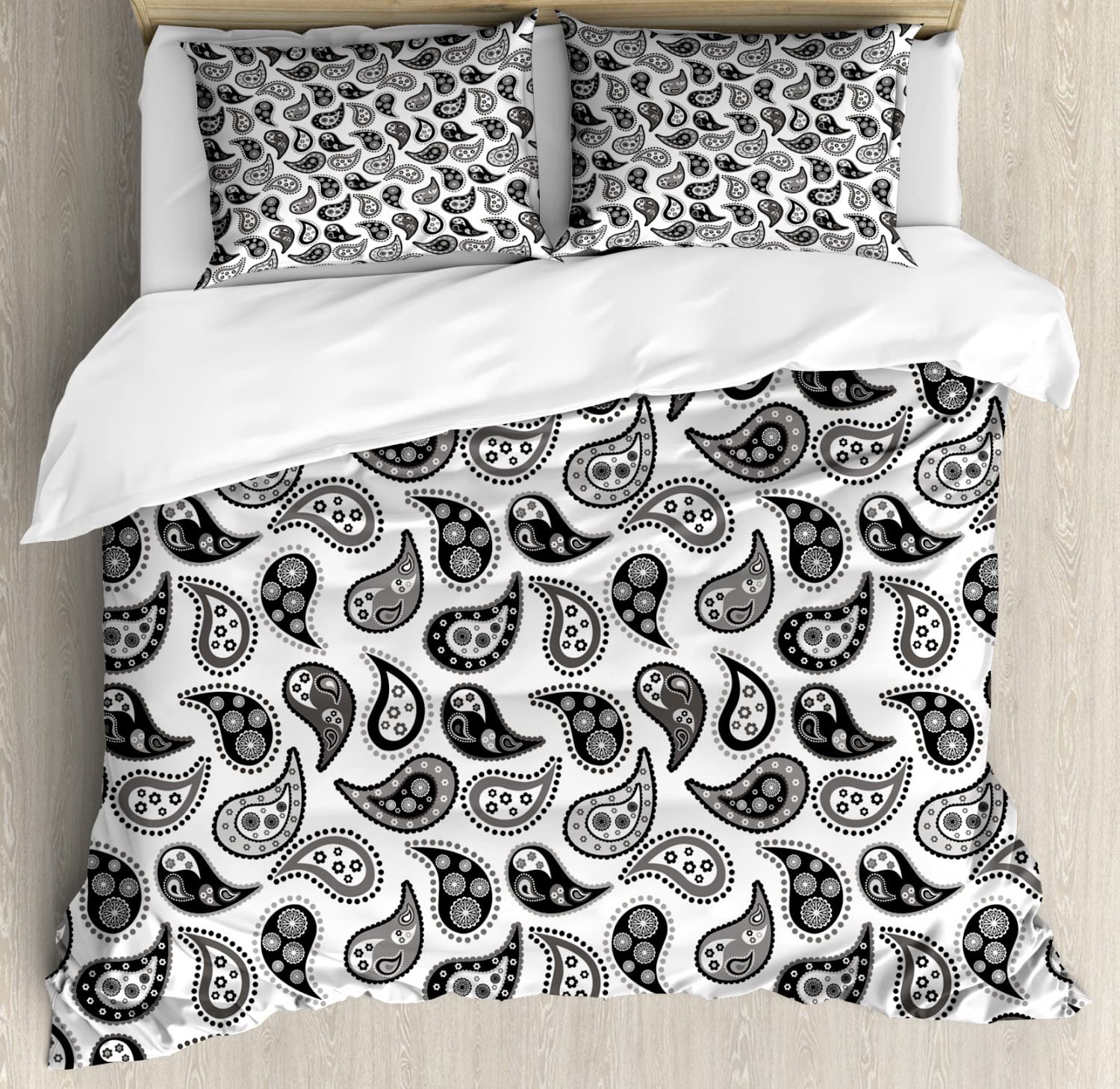 Ambesonne Paisley Duvet Cover Set - Floral Circle & Teardrop Pattern, 2-Piece Twin Size Bedding Set with 2 Duvet Covers & 2 Pillowcases, Grey & Black - Perfect for Boho Chic Bedroom Decor & Guest Room Styling