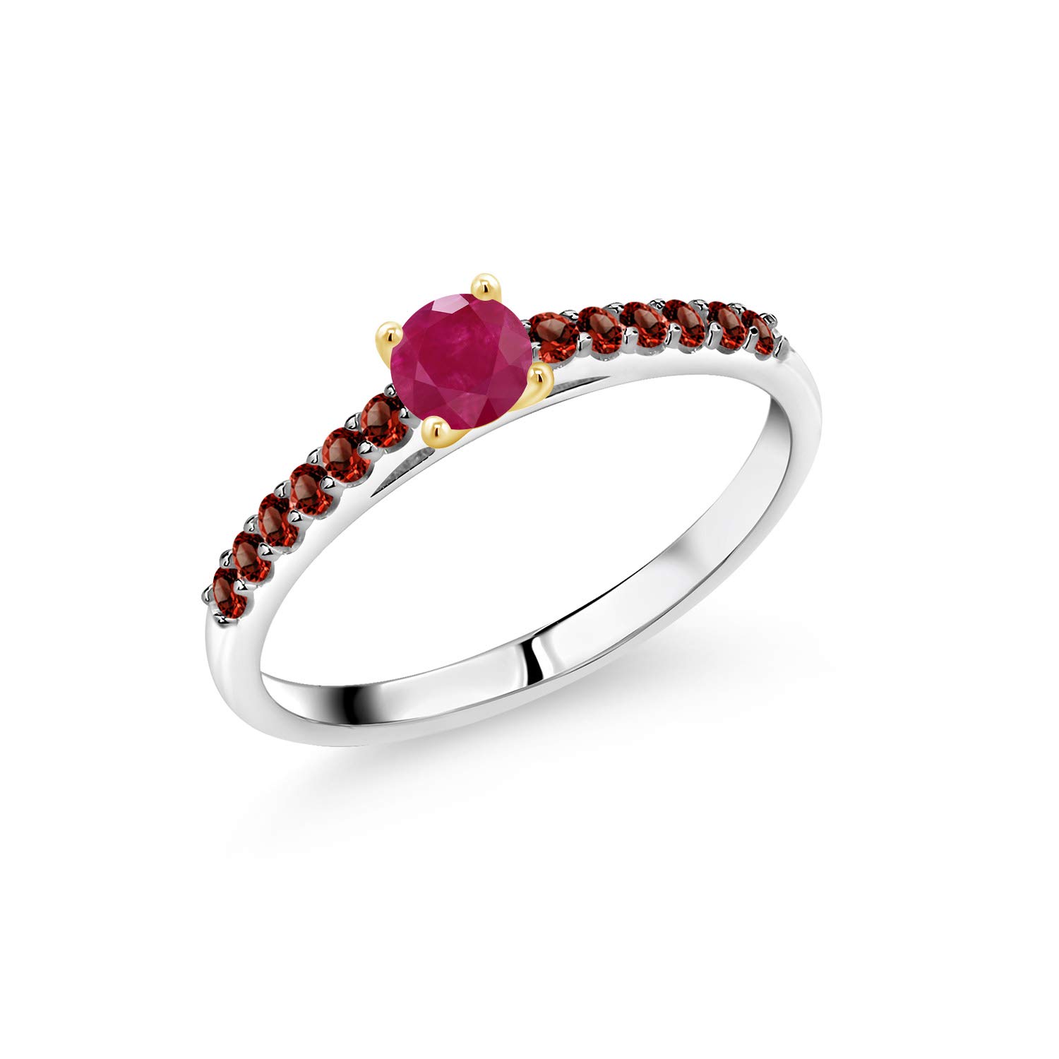 Gem Stone King 925 Sterling Silver & 10K Yellow Gold Women's Engagement Ring with Round Red Ruby & Garnet (0.59cttw) - Perfect for Proposals, Anniversaries & Romantic Gifts