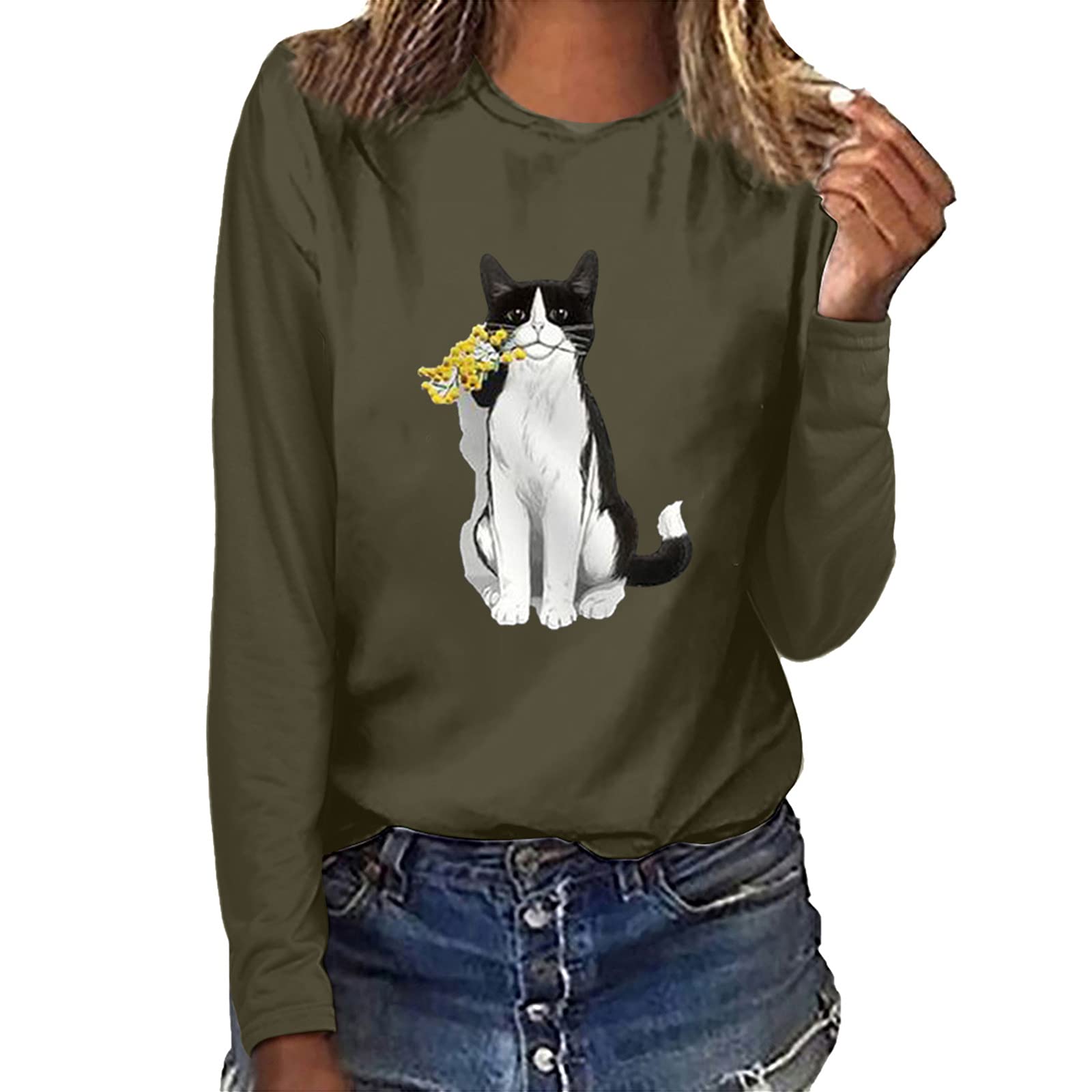Women's Cute Cat & Sunflower Graphic Tee - Long Sleeve Crew Neck T-Shirt for Casual Fall Outfits | Perfect for Daily Wear, Weekend Brunch, and Autumn Photoshoots