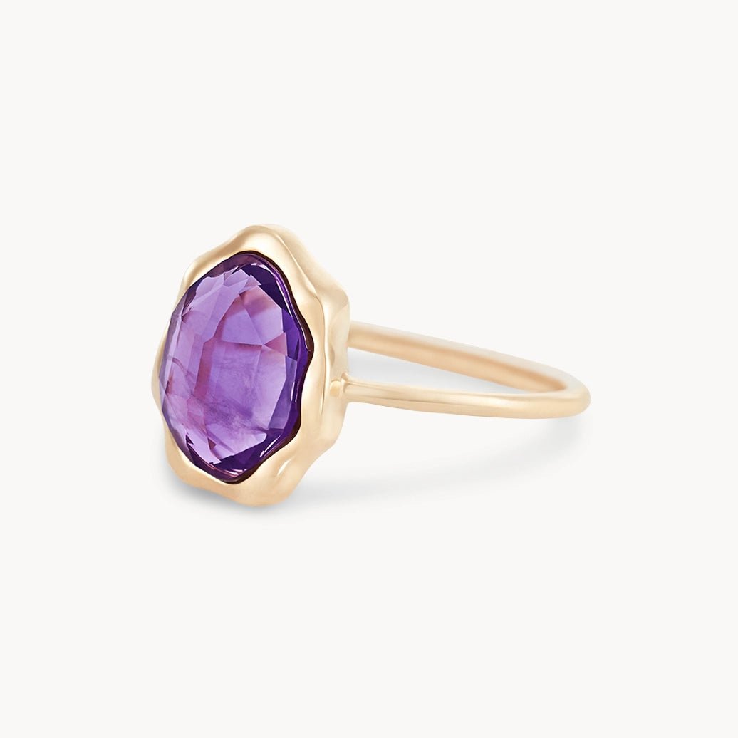 14K Yellow Gold Amethyst Mood Ring - Adjustable Emotional Healing Jewelry for Women, Gift for Her, Meditation & Stress Relief Accessory