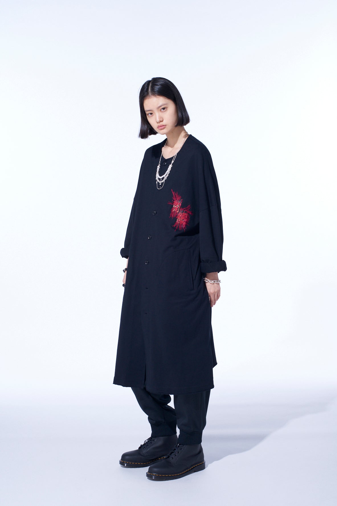Classic Jersey Tyrolean Embroidery Collarless Long Cardigan for Women - Cozy Winter Sweater, Perfect for Casual Outfits & Layering