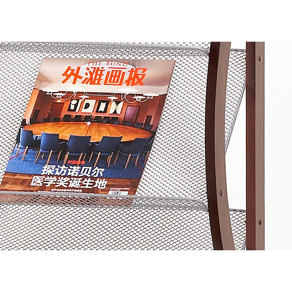 Premium Wooden Newspaper & Magazine Display Stand - 4-Tier Mesh Shelf Floor Rack for Home, Office, or Library Organization