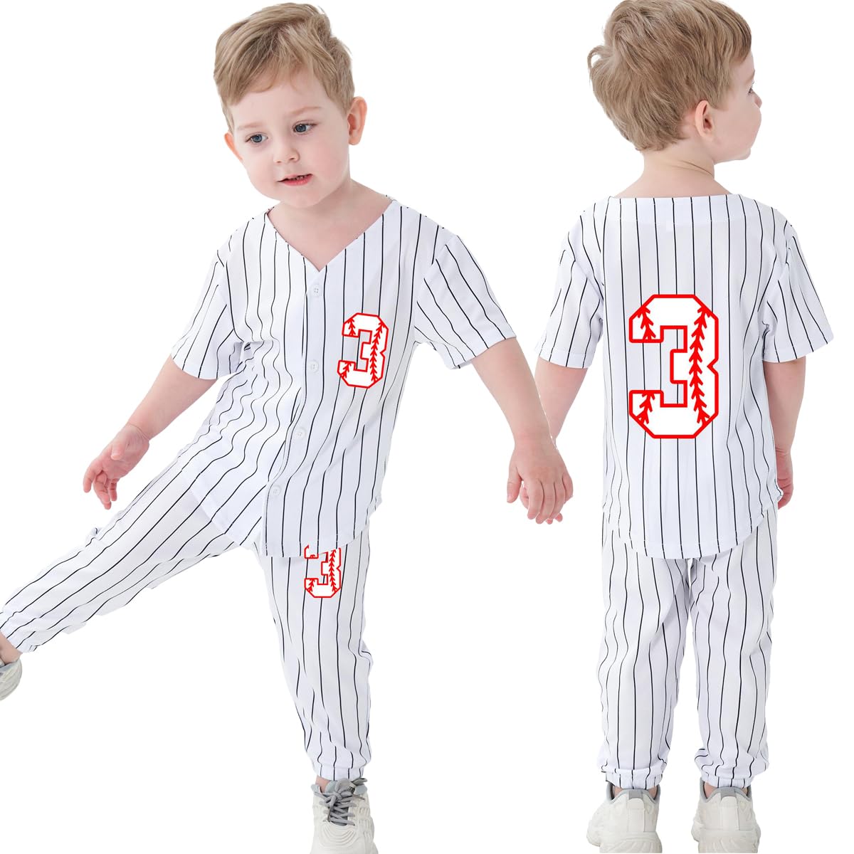 Mowbeat Baby Boy Baseball Outfit Set - 3 Year Old Birthday Baseball Jersey & Striped Pants - Cute 3rd Birthday Shirt for Boys - Perfect for Baseball Games, Birthday Parties & Photo Shoots