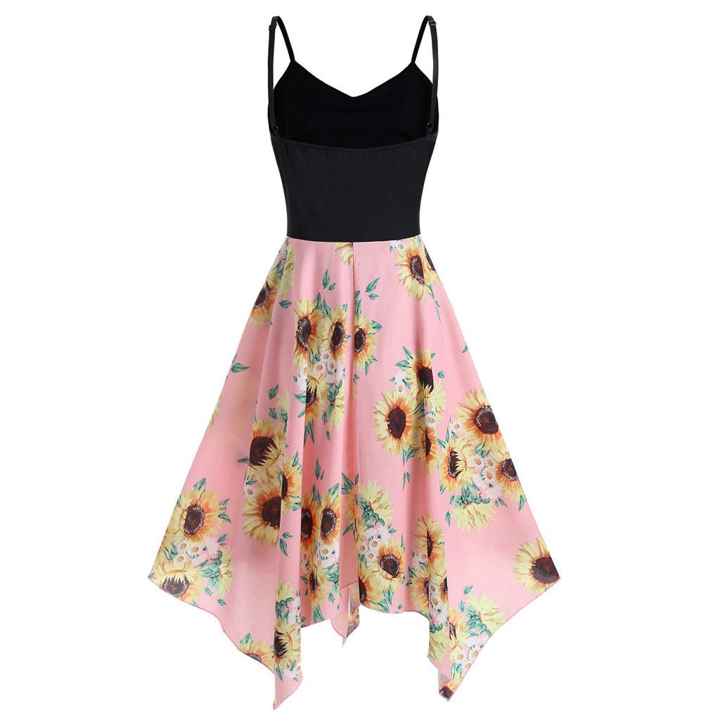iQKA Women's Sunflower Print Mini Dress - Plus Size Asymmetric Camisole Summer Beach Dress for Vacation, Pool Party & Casual Outings