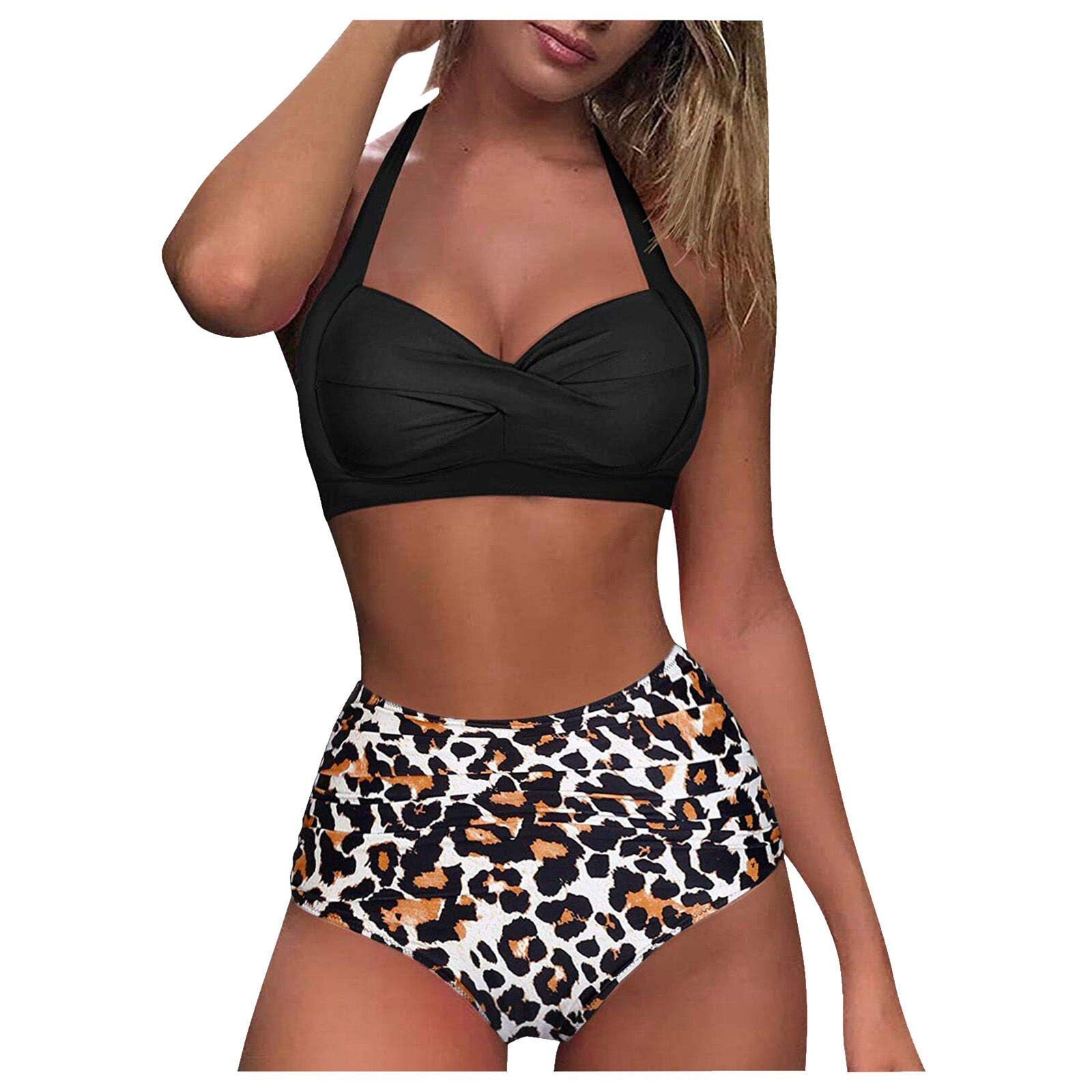 Vintage Retro Women's Two Piece Swimsuit - Halter Ruched High Waist Bikini Set with Bottom | Beachwear, Pool Party, Summer Vacation Outfit