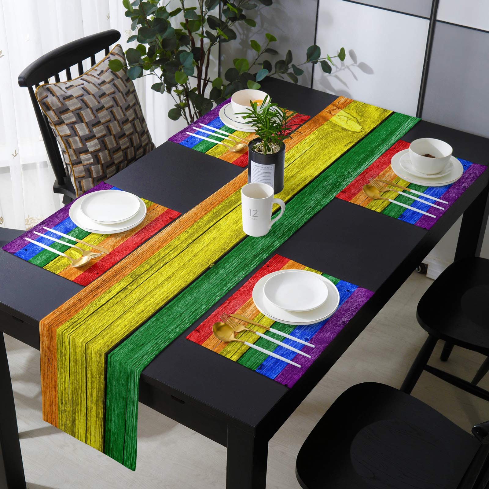 Rainbow Color Retro Wood Plank Non-Slip Washable Table Mats & Runner Set - Minimalist Dining Table Decor for Kitchen, Party & Home Decoration