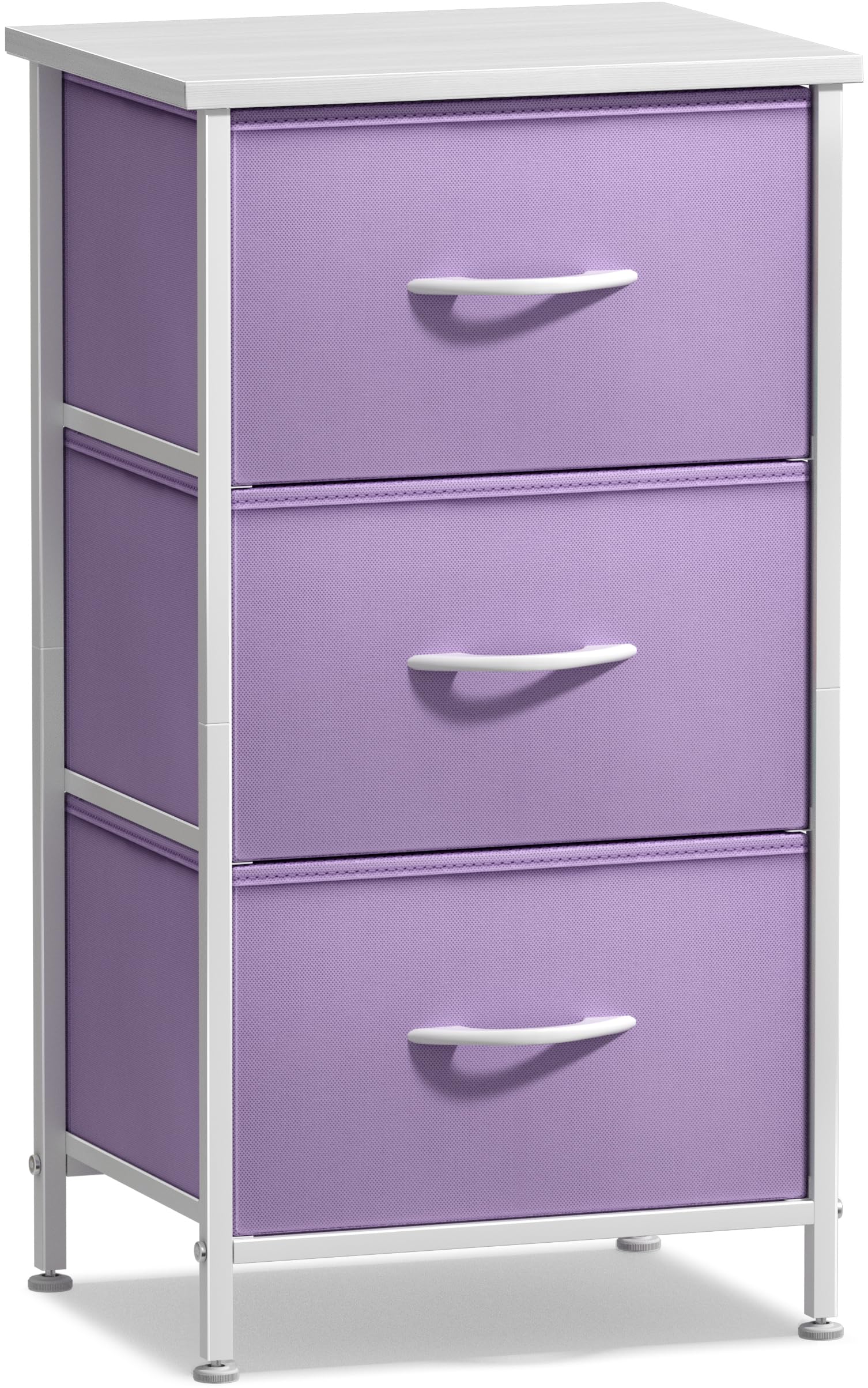 Sorbus 3-Drawer Nightstand with Steel Frame & Wood Top - Modern Bedside Table for Bedroom, Office, College Dorm | Pastel Purple Fabric Bins | Perfect for Small Spaces & Apartment Living