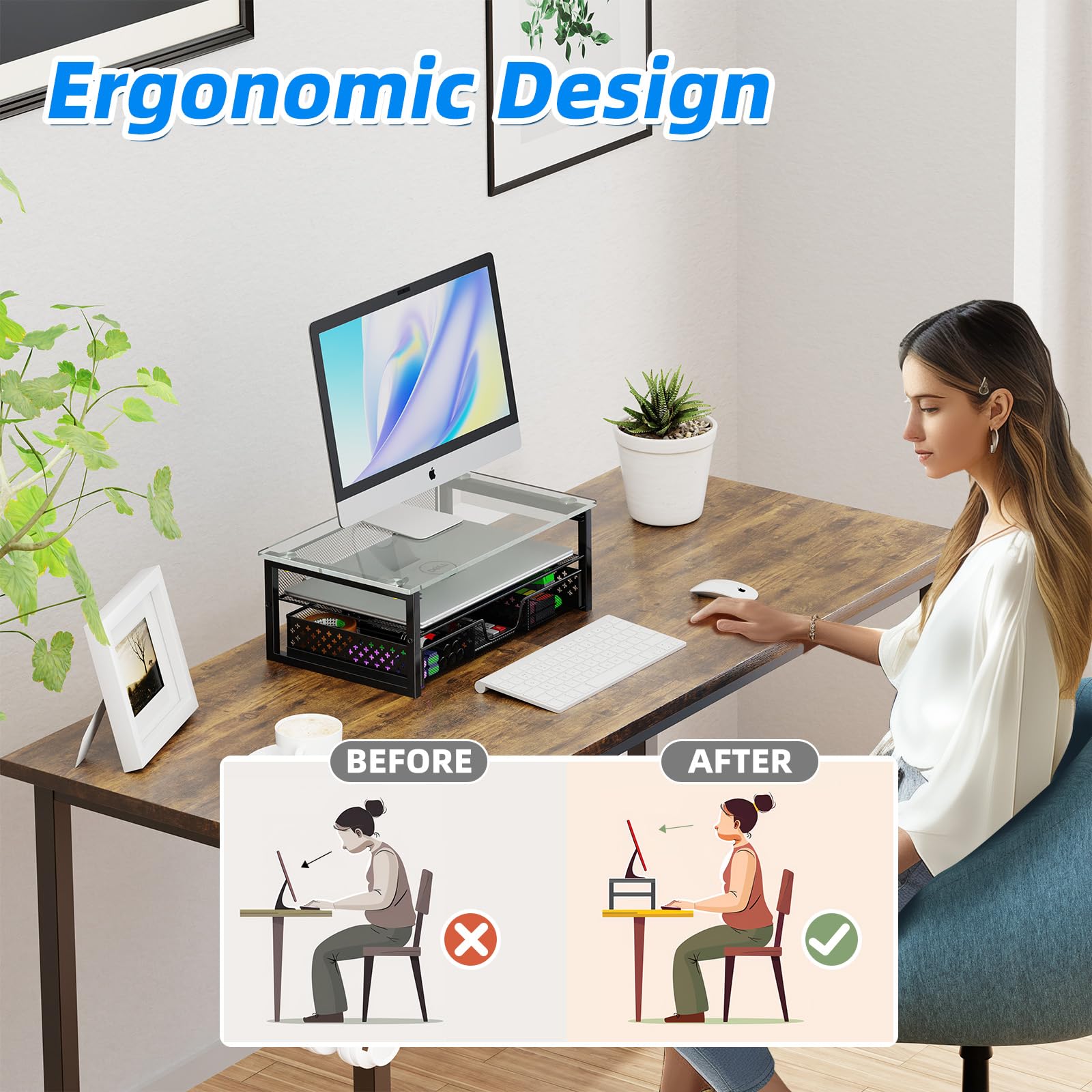 Simple Trending 2-Tier Monitor Stand Riser - Black Glass Metal Computer Desk Organizer with Drawer for Laptop, iMac, Home Office Setup