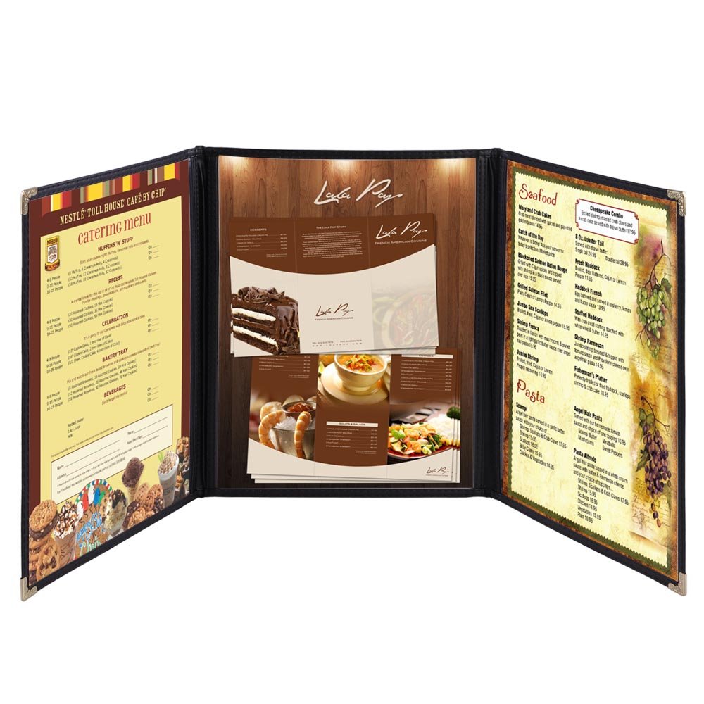 WeChef 30 Pack Black Triple Fold Menu Covers - 6 View Design with Double Stitch Trim - Fits 8.5x11 Paper - Clear Transparent for Restaurants, Cafes & Food Service Businesses - Perfect for Daily Menus, Specials & Promotions