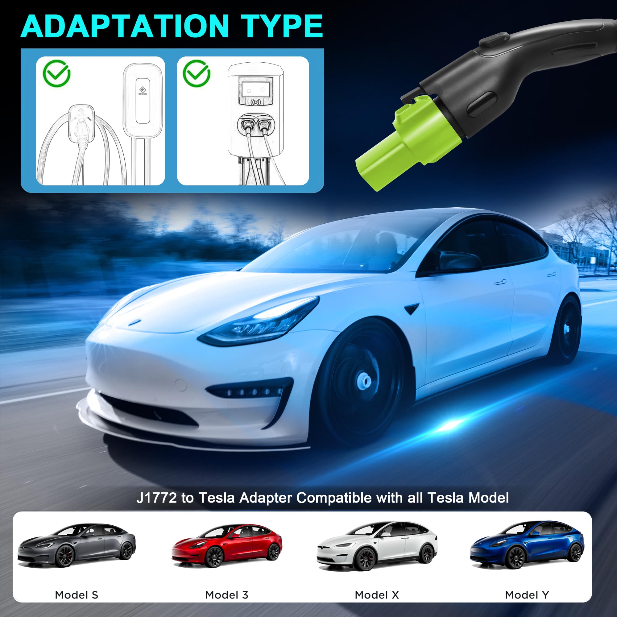J1772 to Tesla Adapter 80A 240V - Compatible with Tesla Model 3/Y/S/X - Portable EV Charging Connector for Outdoor Use - Fast Charging Solution for Tesla Owners (Green) - Perfect for Road Trips & Public Charging Stations