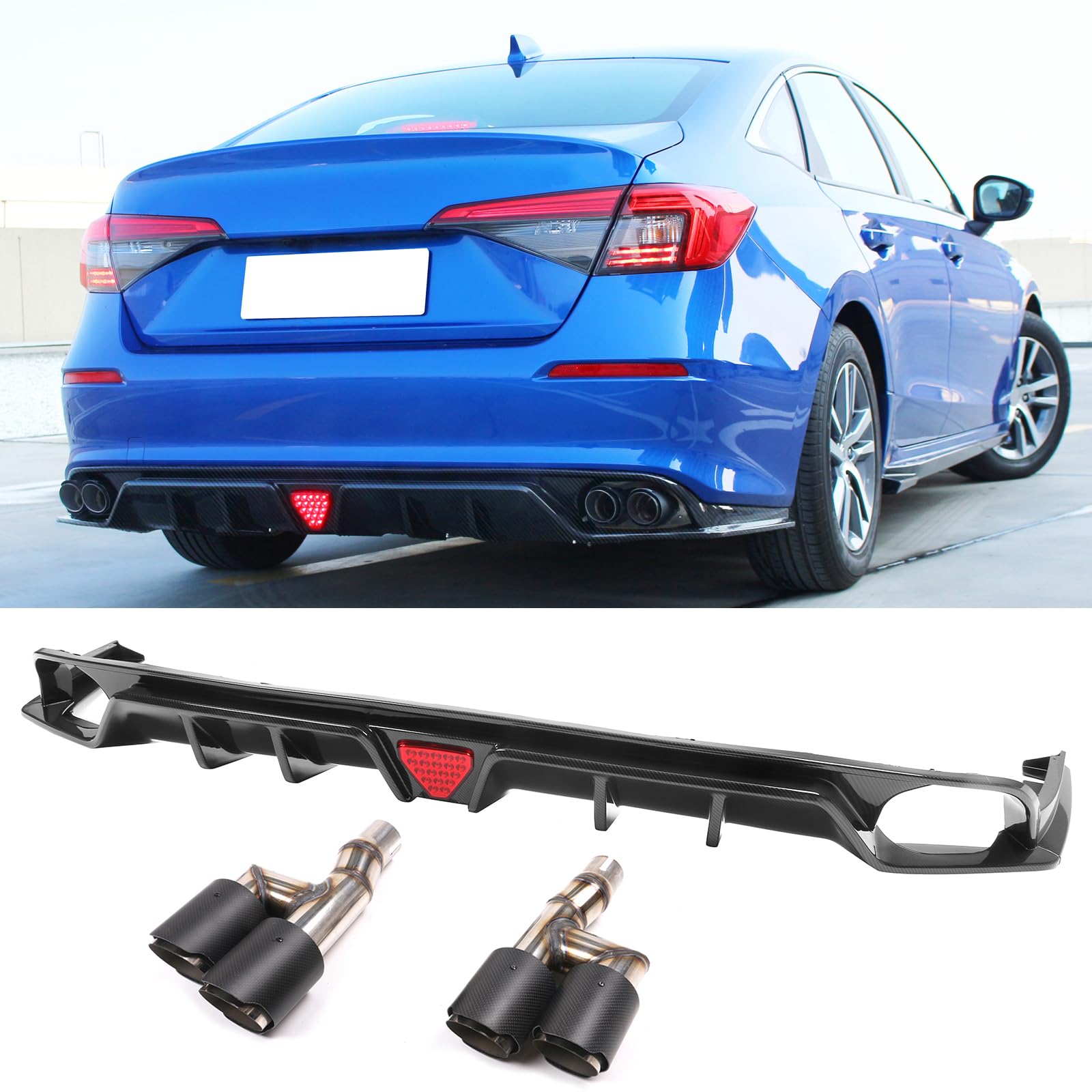 IKON MOTORSPORTS Rear Diffuser for 2022-2024 Honda Civic 11th Gen EX/Touring/Si - Carbon Fiber Style PP Bumper Lip Body Kit Replacement | Aggressive Styling Upgrade for Street Racing & Car Shows