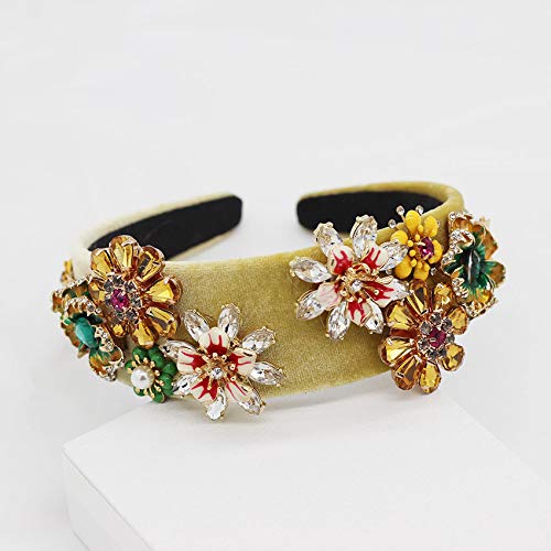 QTMY Women's Fashion Flower Pearl Crystal Headband - Wide Hair Hoop Head Accessory for Women & Girls - Elegant Yellow Headwear for Parties, Weddings & Special Occasions