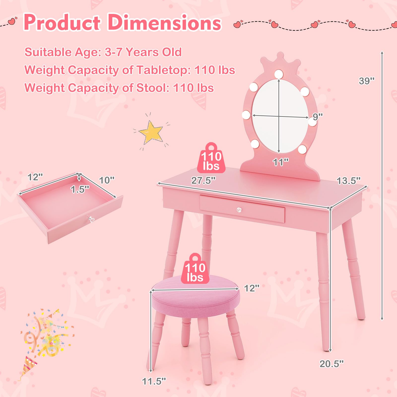 Costzon Kids Vanity Set with Mirror, Stool & LED Lights - 2-in-1 Wooden Makeup Dressing Table with Drawers for Girls - Pretend Play Vanity Desk & Chair Set (Pink) - Perfect for Birthday Gifts, Bedroom Decor & Role Play Activities