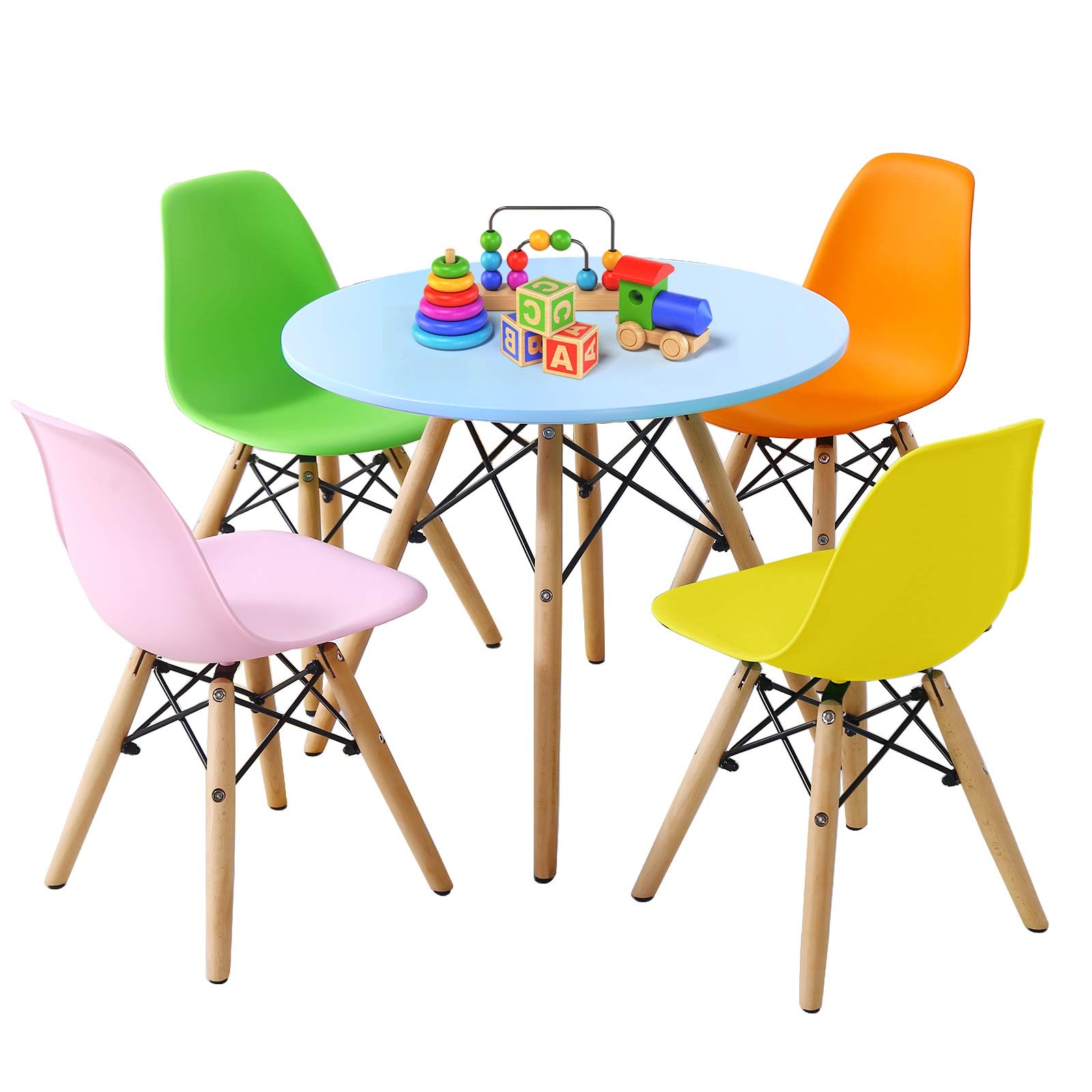 BETTARY Kids Table and 4 Chairs Set - Mid-Century Modern Toddler Dining Table with Blue Tabletop & Colorful Chairs, Perfect for Playroom, Classroom, and Home Use