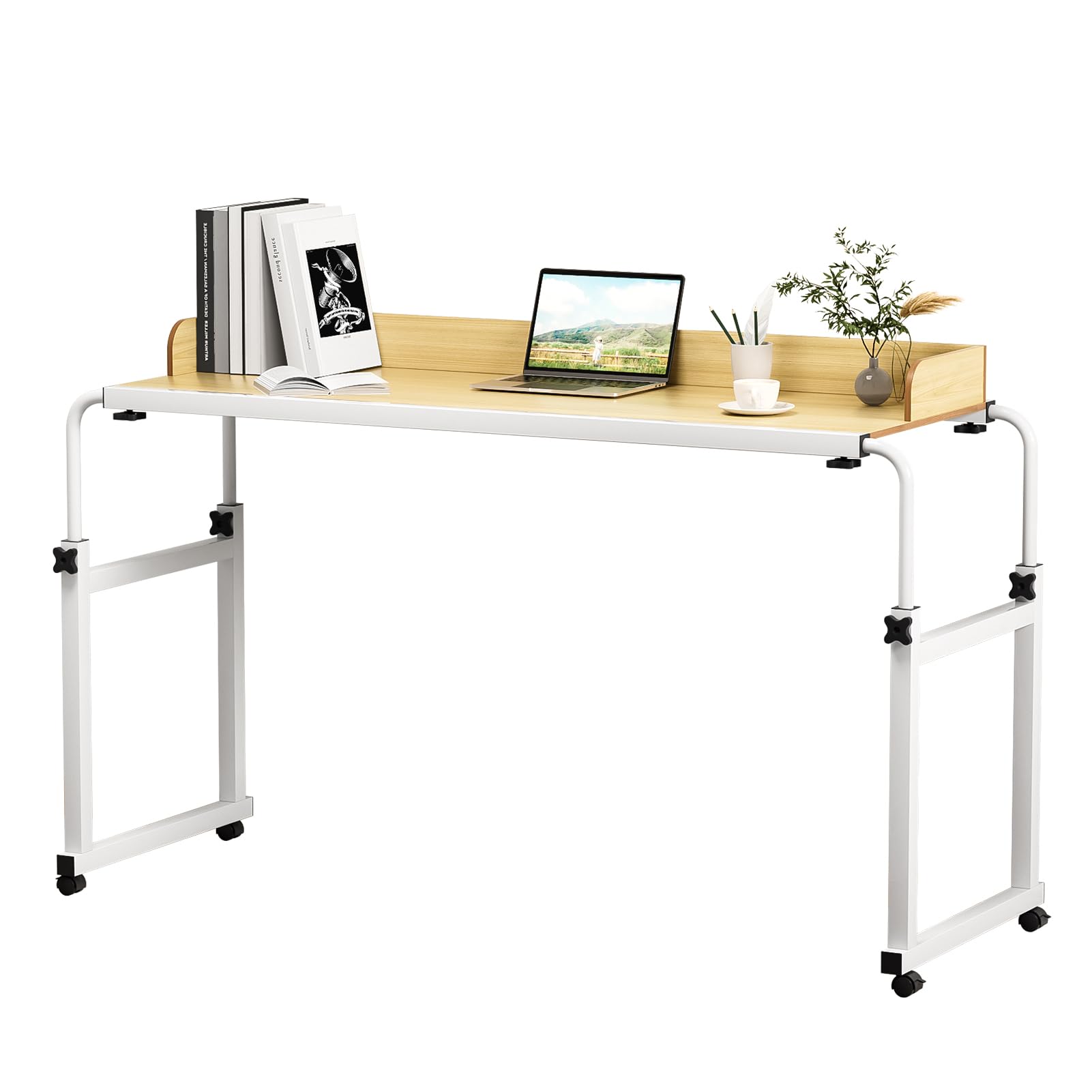 Adjustable Over Bed Table with Wheels - Rolling Laptop Cart & Standing Workstation for Home Office, Hospital & Living Room - Mobile Tray Table with Metal Legs (Wooden Finish) - Perfect for Bedridden Patients, Remote Work & Meal in Bed
