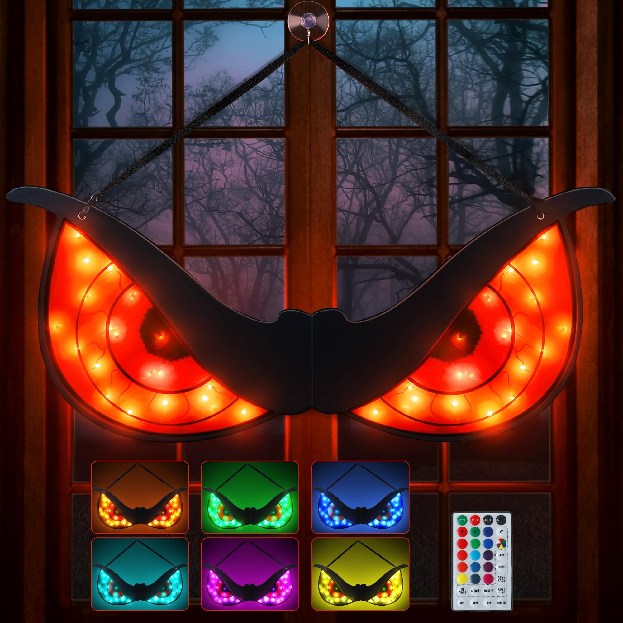 50 LED 16-Color Halloween Window Lights with Timer & Remote - Spooky Flashing Eyes Decor for Indoor/Outdoor - Perfect for Haunted Houses, Porch Displays & Halloween Parties