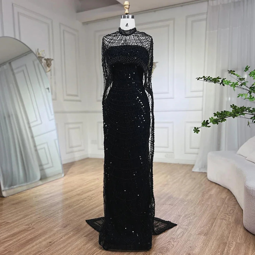 Elegant Green Pearl Evening Gown with Detachable Cape - LA72032 | Luxury Designer Dress for Prom, Gala & Formal Events