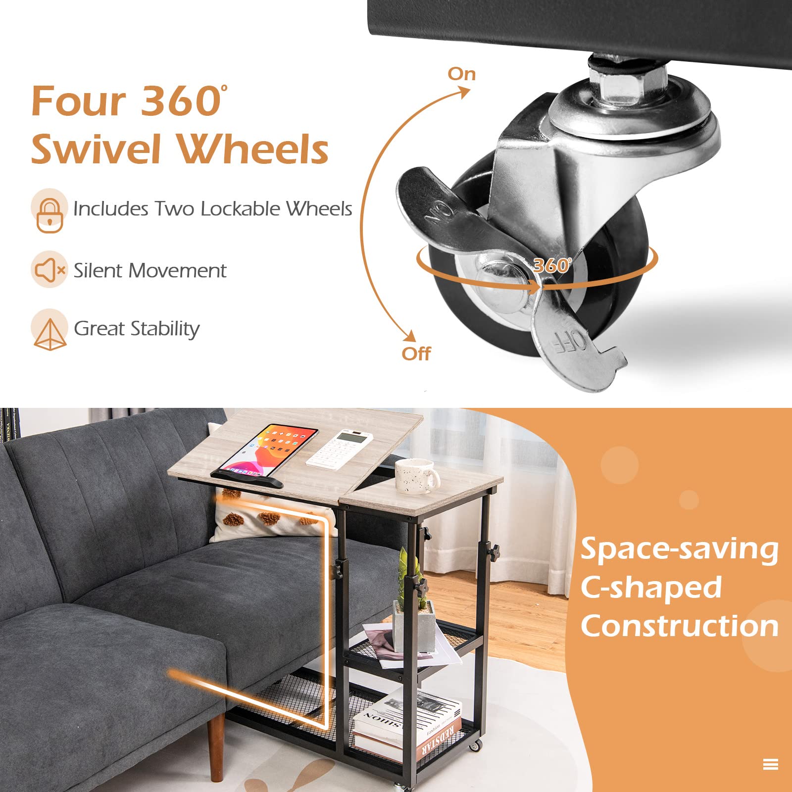 Tangkula Adjustable Height C-Shaped End Table with Lockable Wheels - Mobile Sofa Desk, Tiltable Tabletop, Storage Shelves - Perfect for Living Room, Bedside, Office & Snack Table
