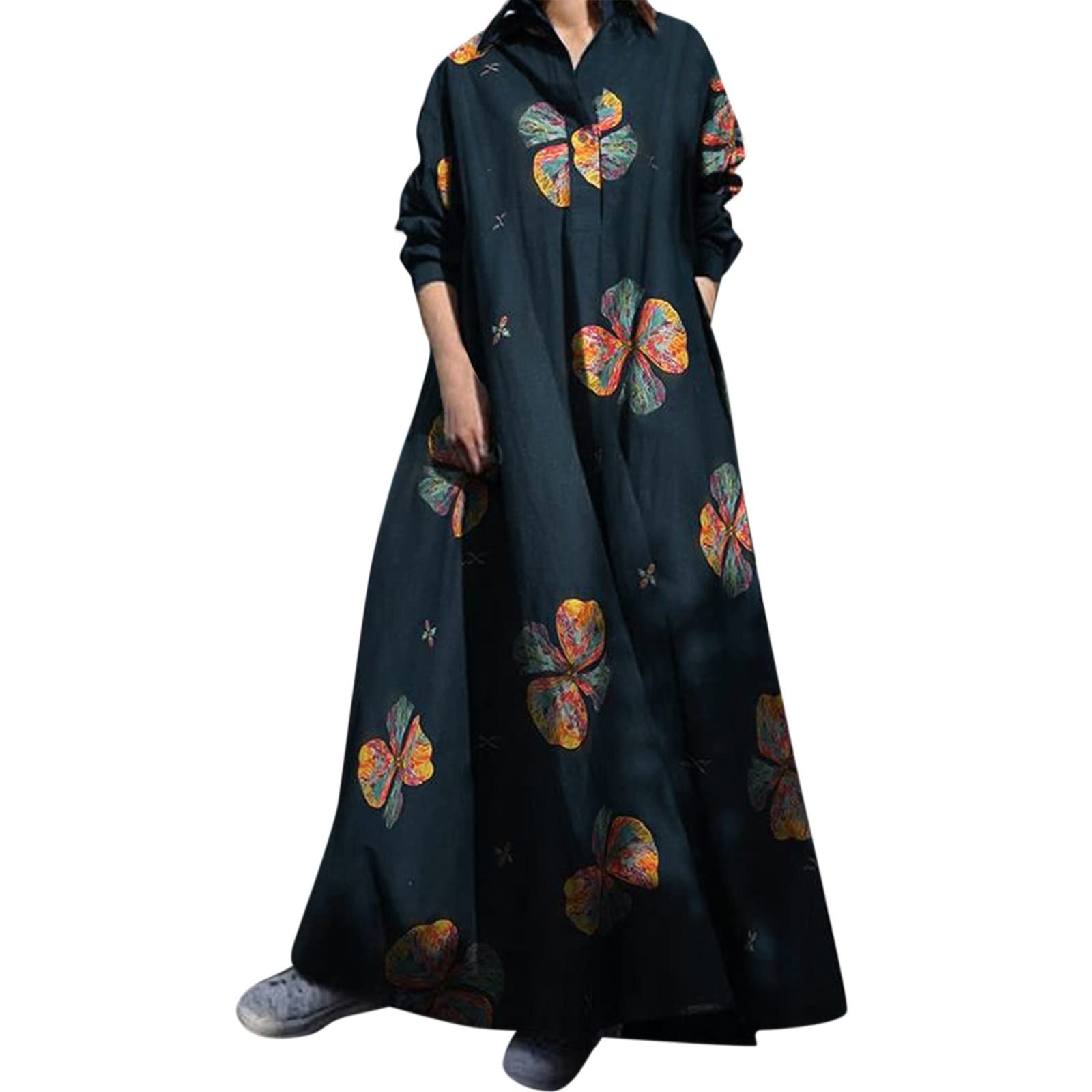 Vintage V-Neck Button Dress for Women - Casual Long Sleeve Printed Swing Dress with Soft Fabric | Perfect for Office, Date Night & Summer Outings